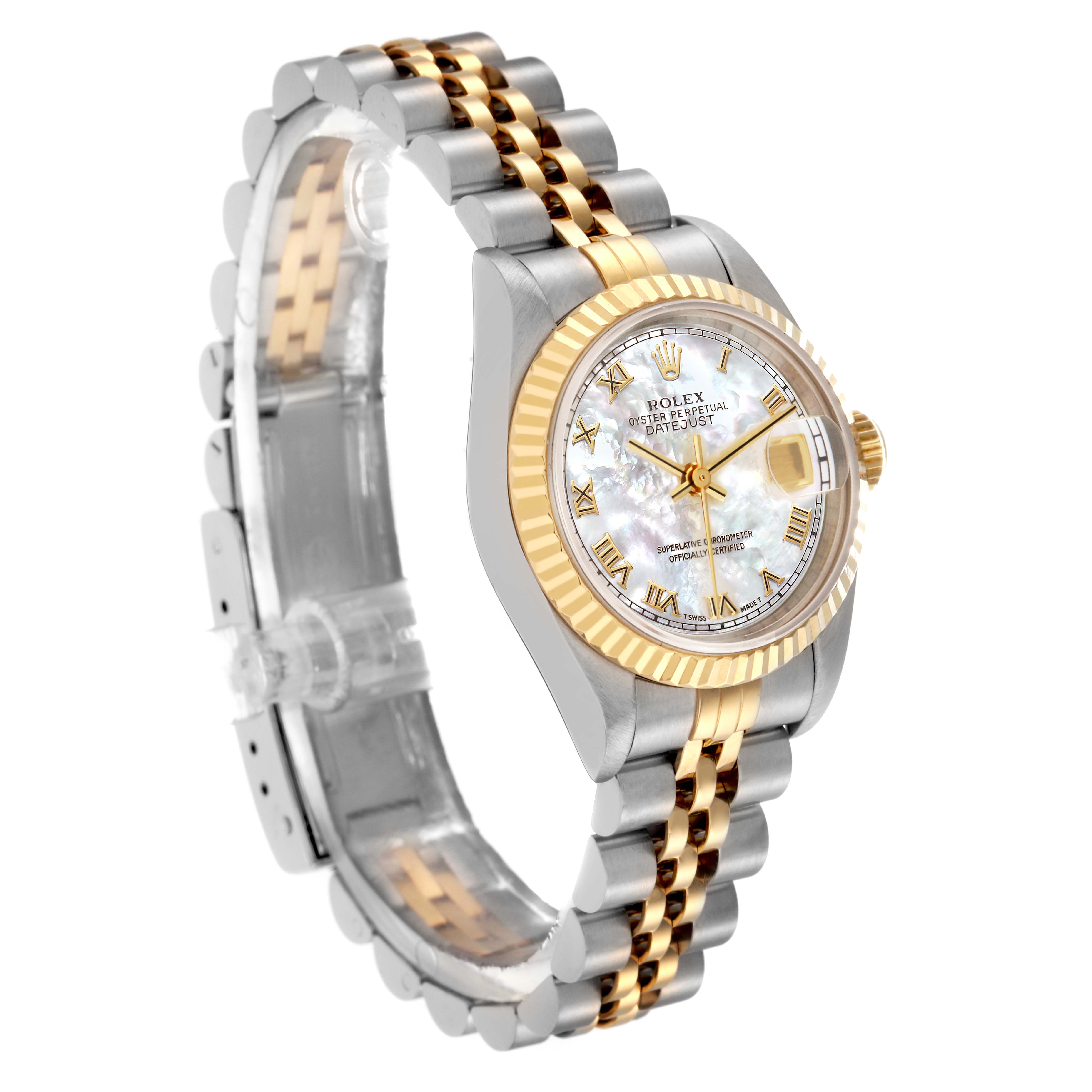 The Rolex Datejust 69173 Women
s Steel and Gold (two tone) Mother of Pearl Dial 69173 Women
s Steel and Gold (two tone) Mother of Pearl Dial watch is shown at a three-quarter angle, highlighting the face, bezel, and bracelet.