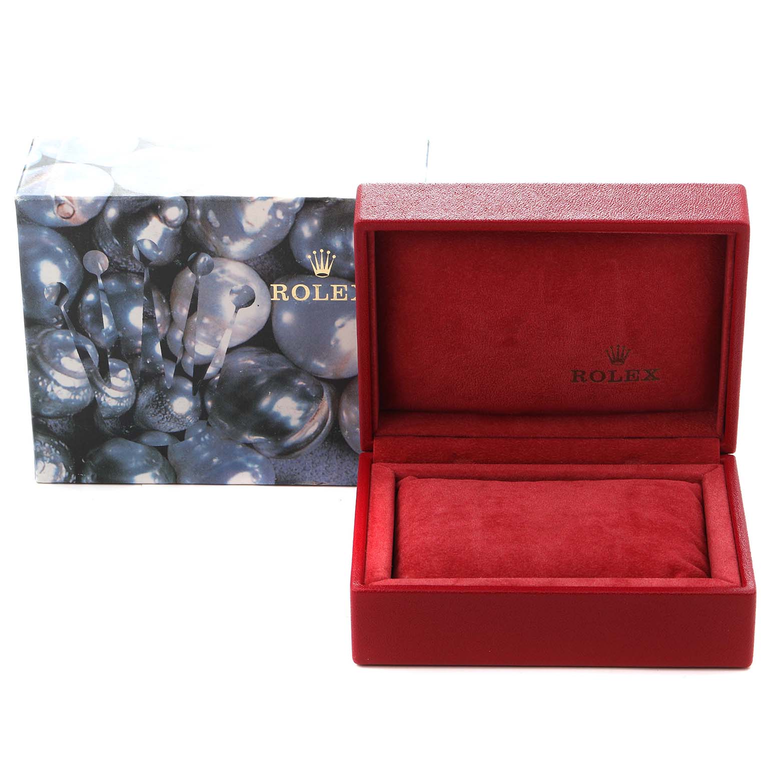 The image shows a red Rolex box, likely for a Datejust, with a cushion inside and an outer decorative sleeve.