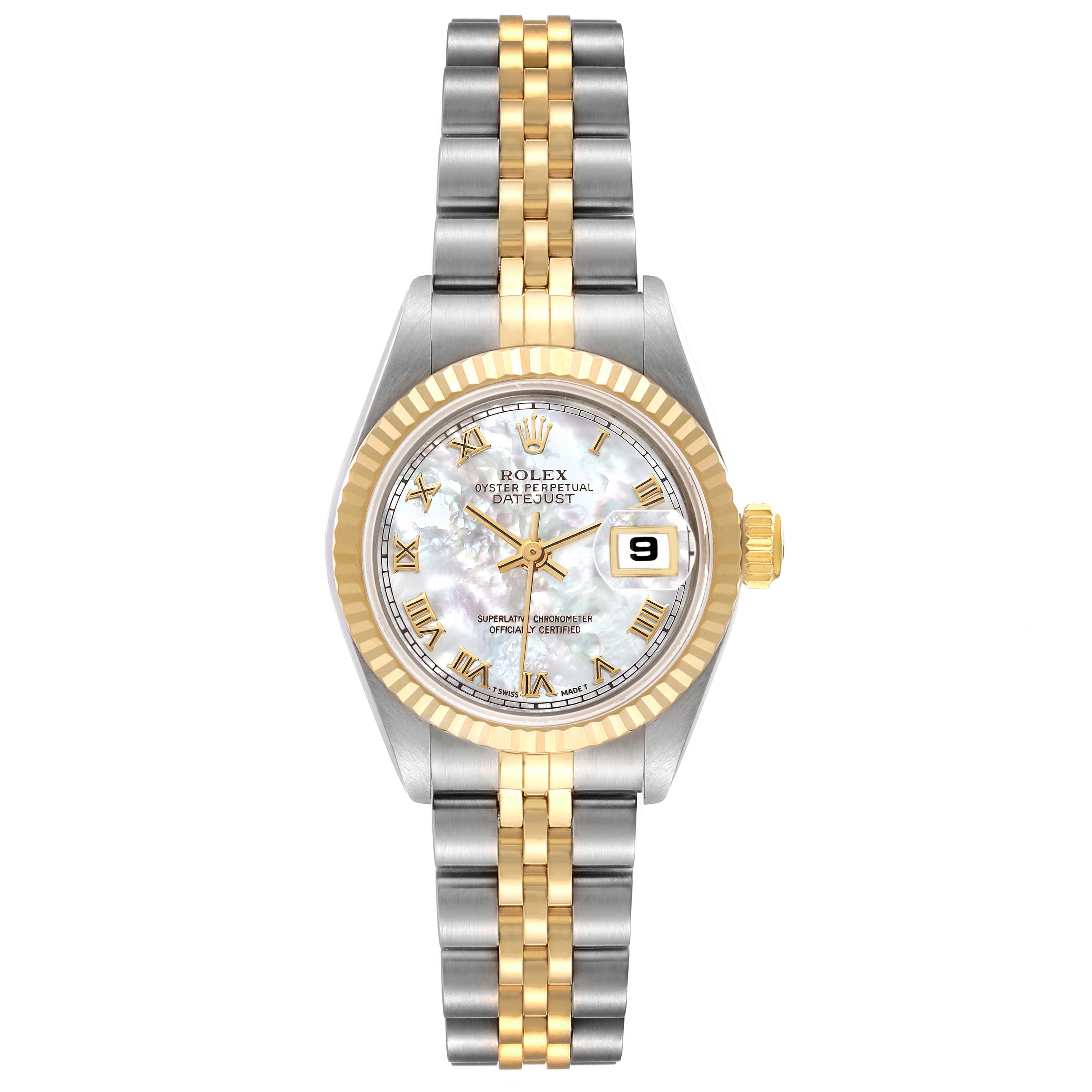 The Rolex Datejust 69173 Women
s Steel and Gold (two tone) Mother of Pearl Dial 69173 Women
s Steel and Gold (two tone) Mother of Pearl Dial watch is shown from a top-down angle, displaying its dial, bezel, and bracelet with a mix of gold and silver tones.