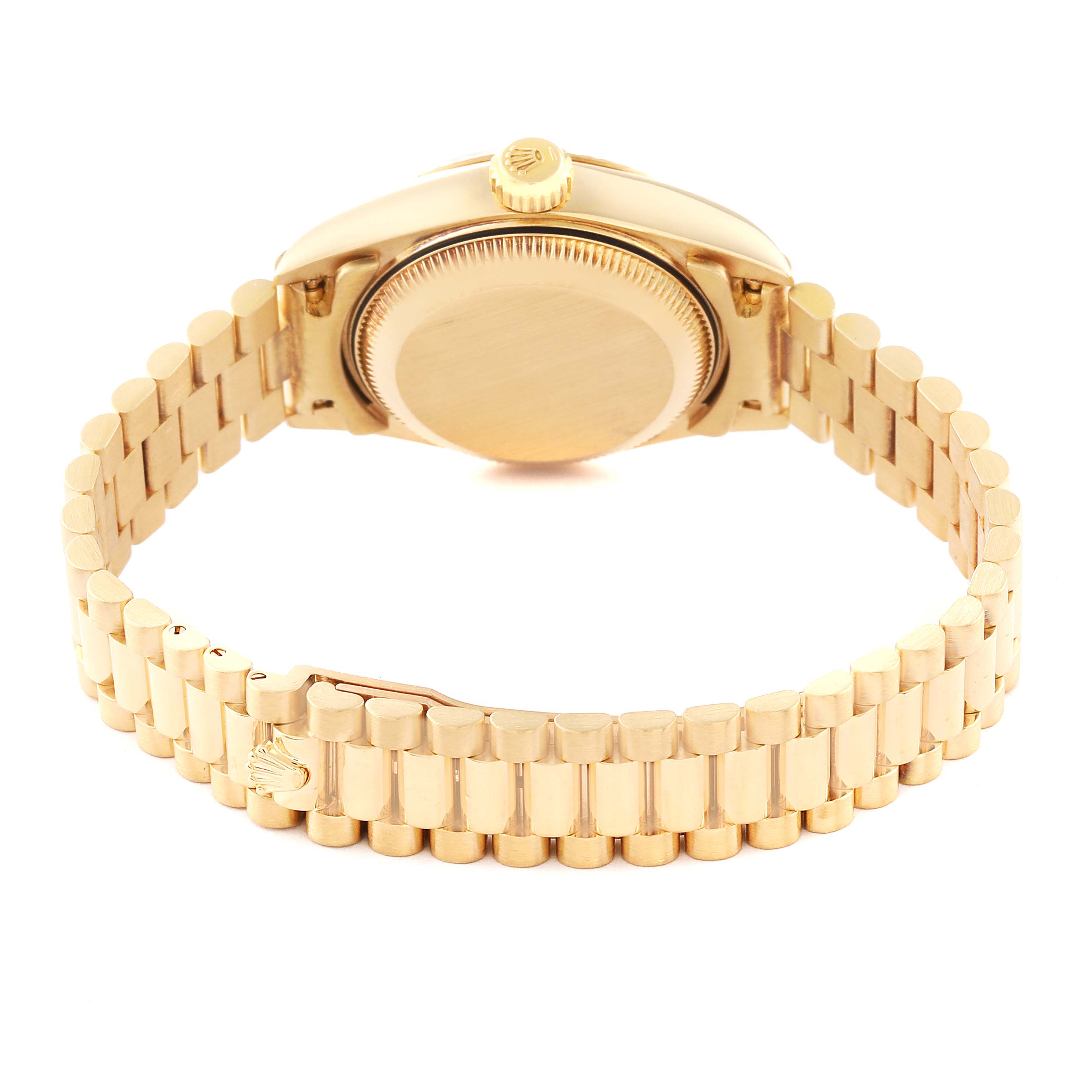 The image shows the back and side view of the gold case and bracelet of a Rolex President 69178 Women's Yellow Gold Champagne Dial 69178 Women's Yellow Gold Champagne Dial model.