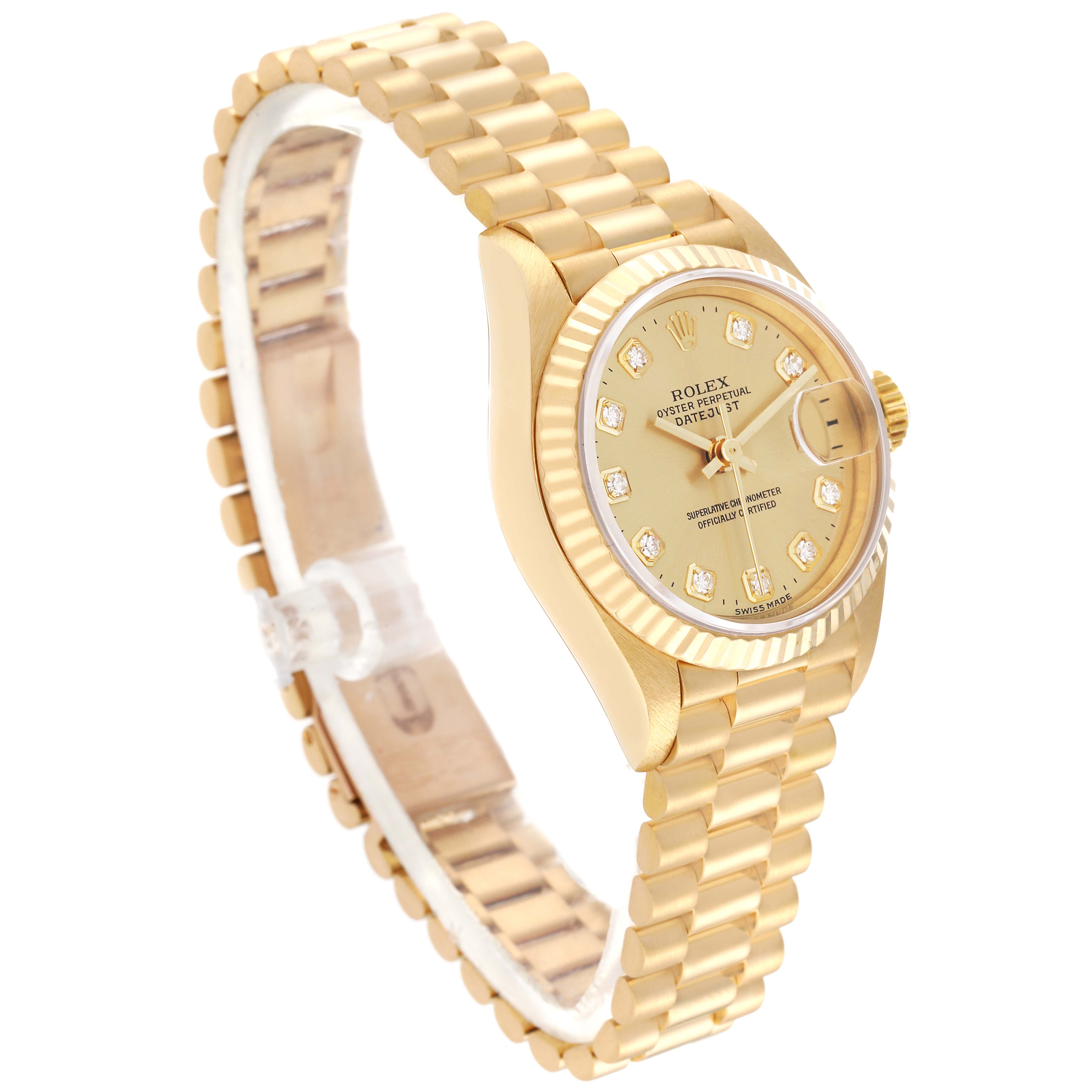 The Rolex President 69178 Women's Yellow Gold Champagne Dial 69178 Women's Yellow Gold Champagne Dial model watch is shown at a slight angle, highlighting the gold bracelet, bezel, and dial with diamond markers.
