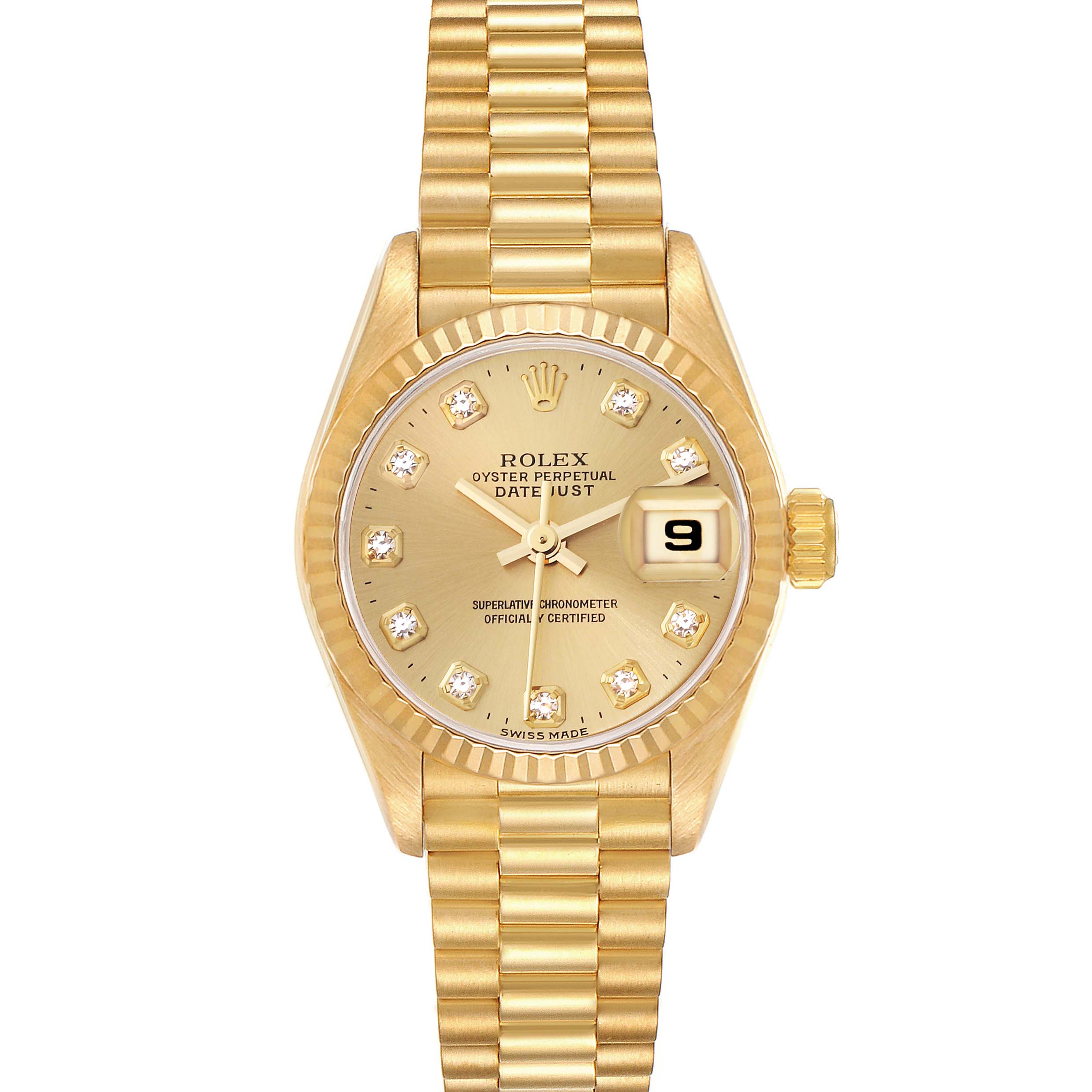 This image shows a front view of a Rolex President 69178 Women's Yellow Gold Champagne Dial 69178 Women's Yellow Gold Champagne Dial model watch, highlighting the dial, bezel, bracelet, and date window.