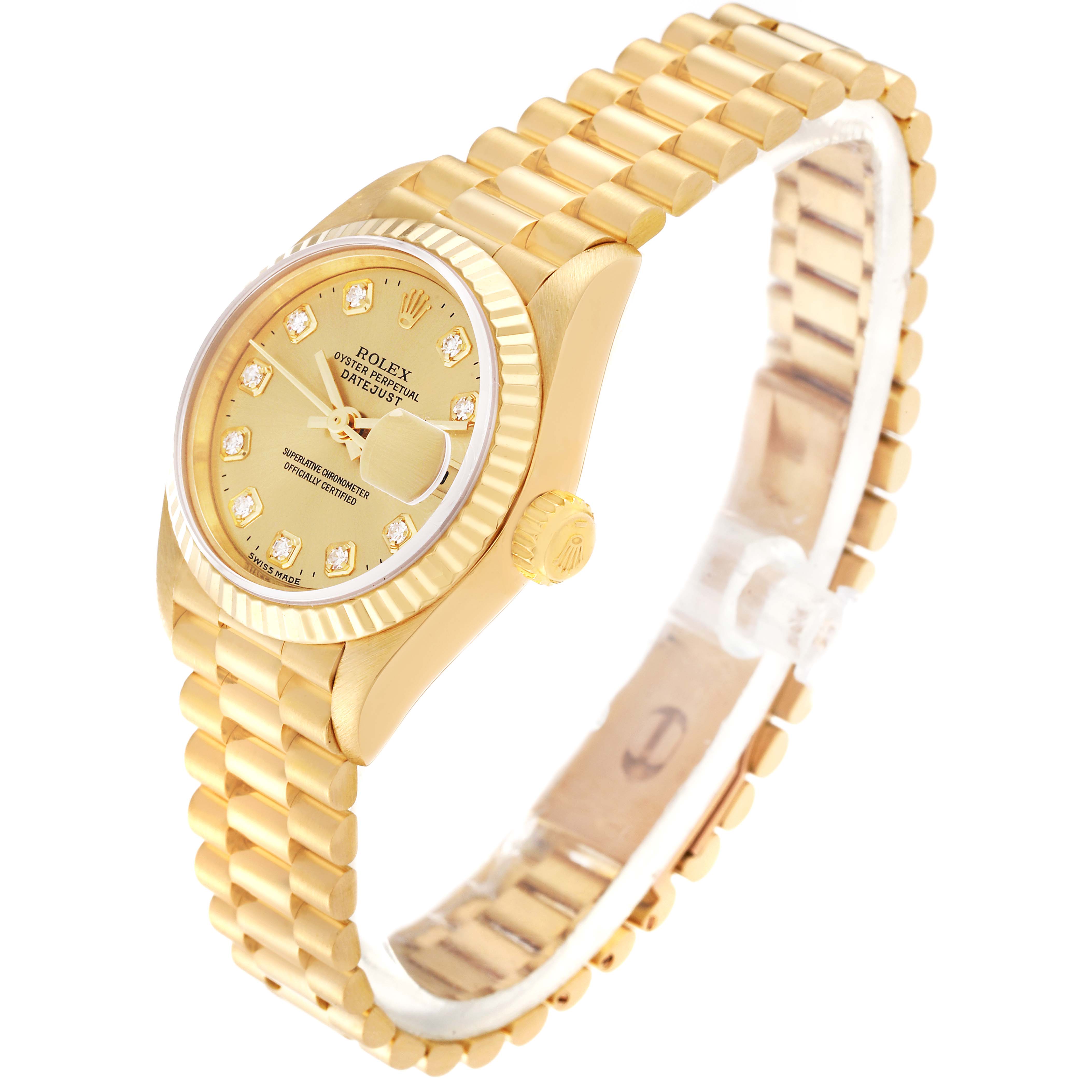 The image shows a Rolex President 69178 Women's Yellow Gold Champagne Dial 69178 Women's Yellow Gold Champagne Dial model watch from an angled side view, highlighting the gold bracelet, case, and diamond hour markers.