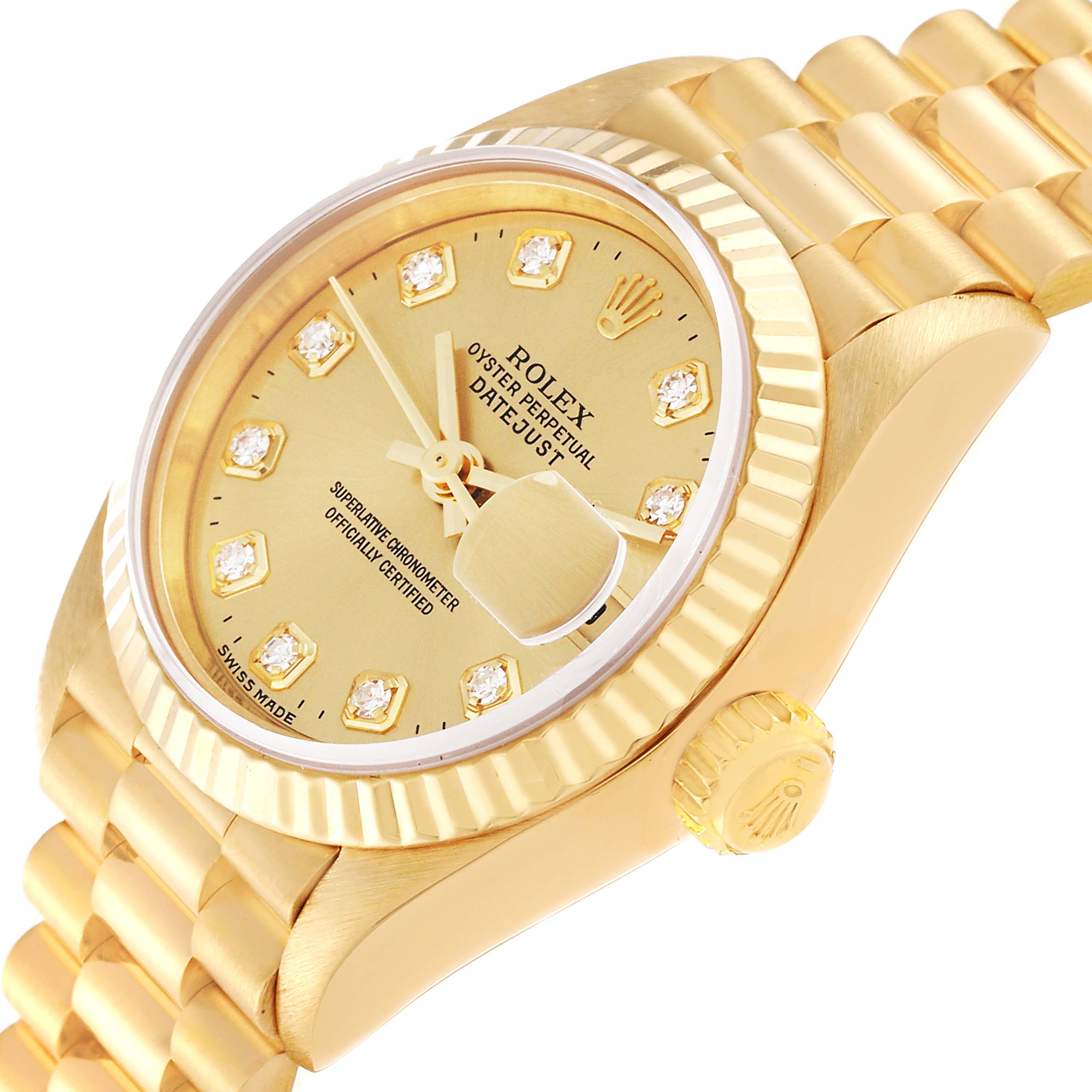 The image shows a close-up, angled view of the face, bezel, crown, and part of the bracelet of a Rolex President 69178 Women's Yellow Gold Champagne Dial 69178 Women's Yellow Gold Champagne Dial model.