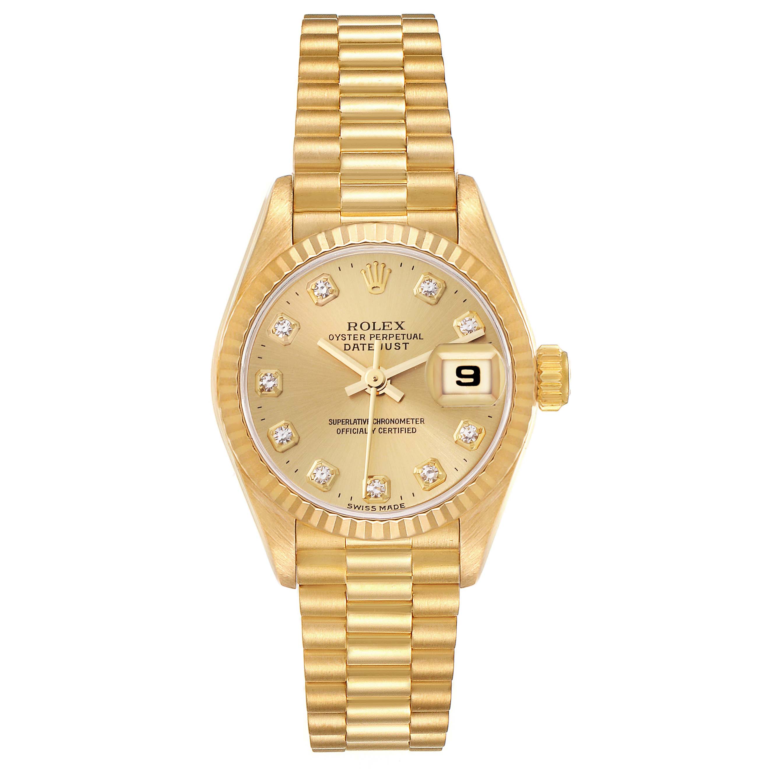 The image shows a Rolex President 69178 Women's Yellow Gold Champagne Dial 69178 Women's Yellow Gold Champagne Dial model watch from the front, highlighting its gold bracelet, dial, and date display.