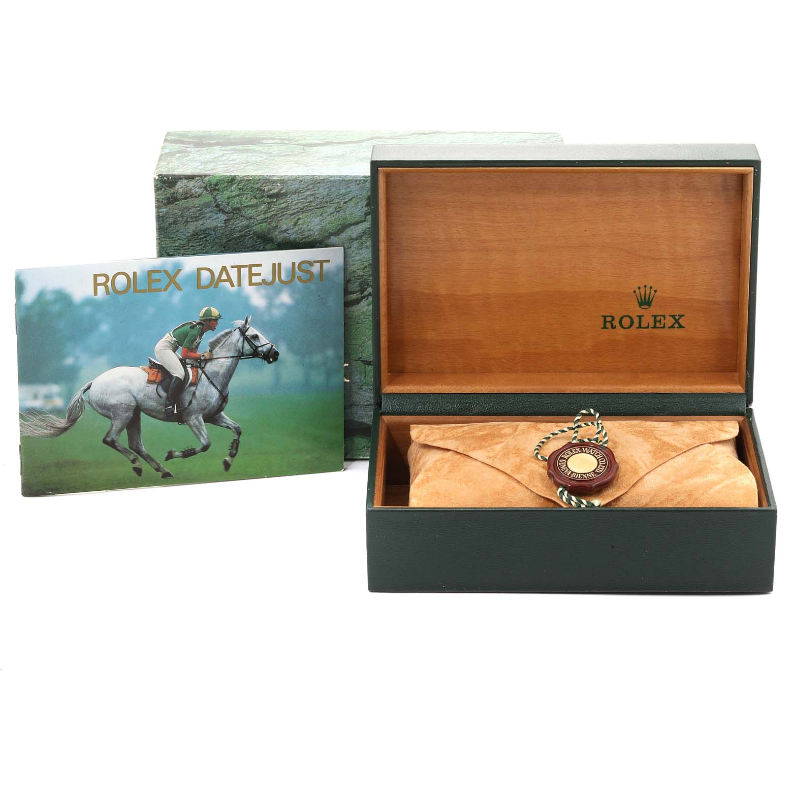 The image shows a Rolex Datejust 16234 Men's Stainless Steel Silver Dial 16234 Men's Stainless Steel Silver Dial watch's packaging, including the box, booklet, and pouch, from a front angle.