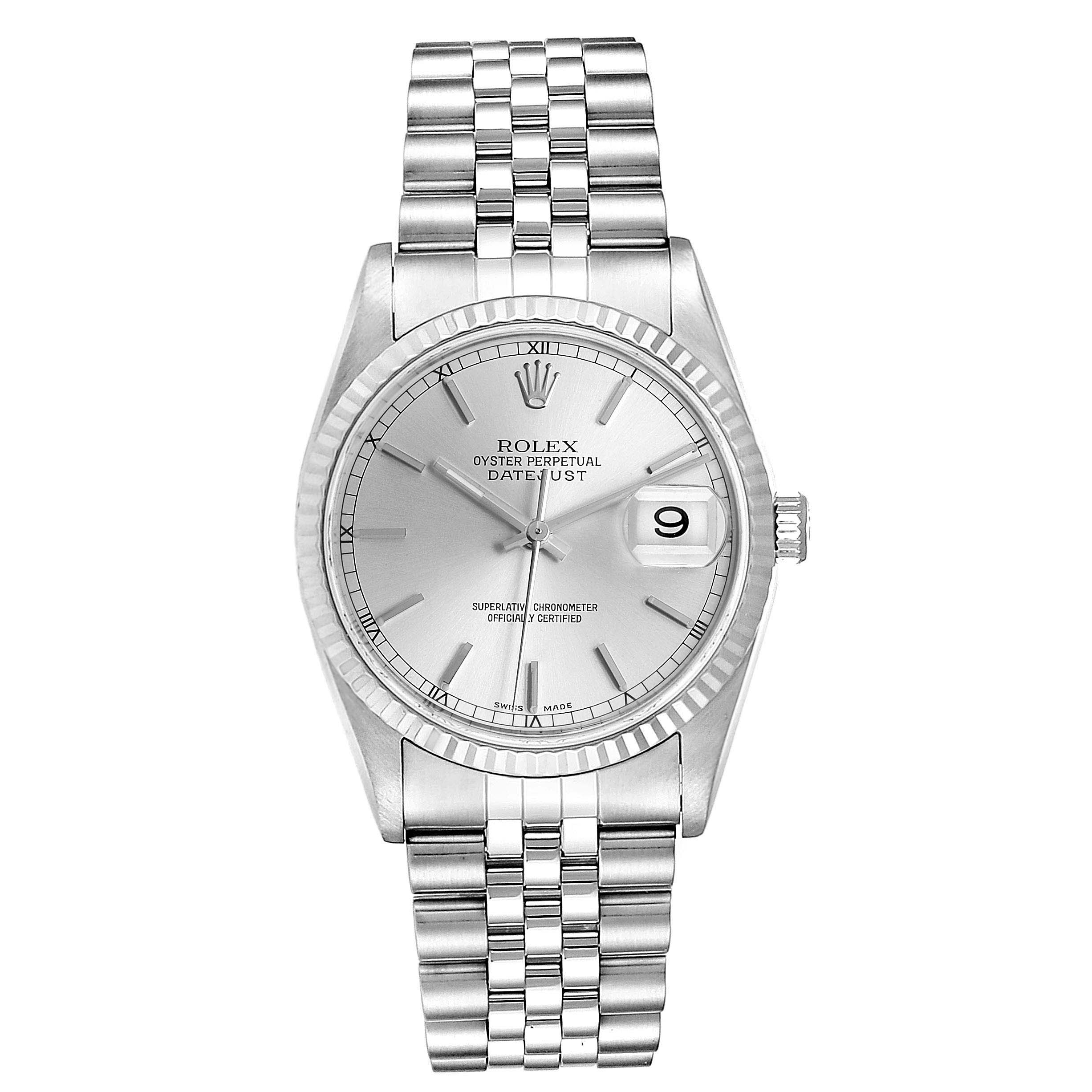 This image shows a frontal view of the Rolex Datejust 16234 Men's Stainless Steel Silver Dial 16234 Men's Stainless Steel Silver Dial watch, displaying its dial, bezel, and Jubilee bracelet.
