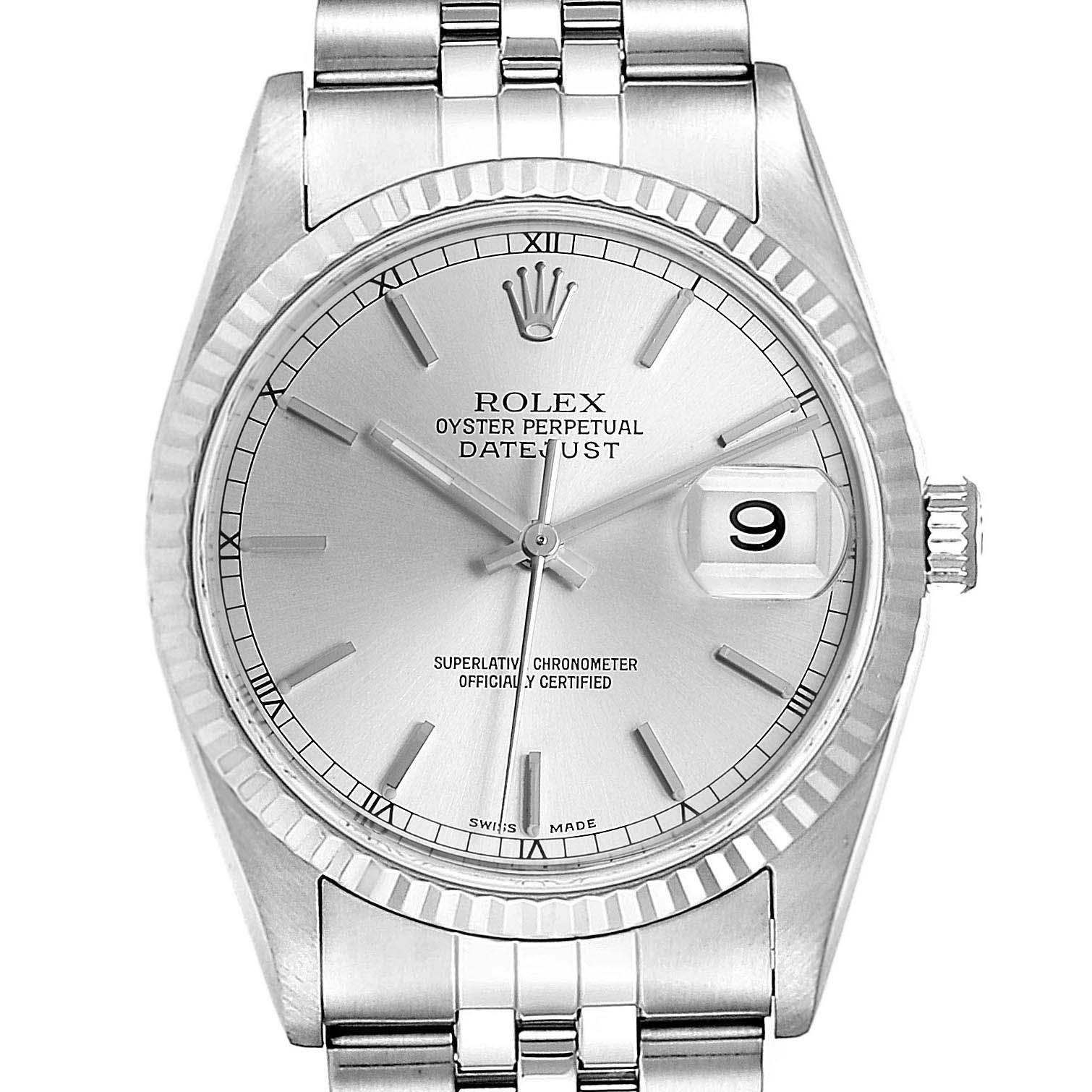 Rolex Datejust Silver Dial Fluted Bezel Steel White Gold Mens Watch