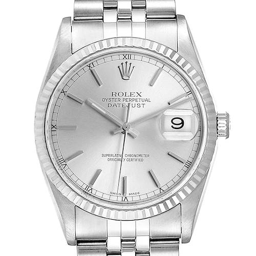 Photo of Rolex Datejust Silver Dial Fluted Bezel Steel White Gold Mens Watch 16234