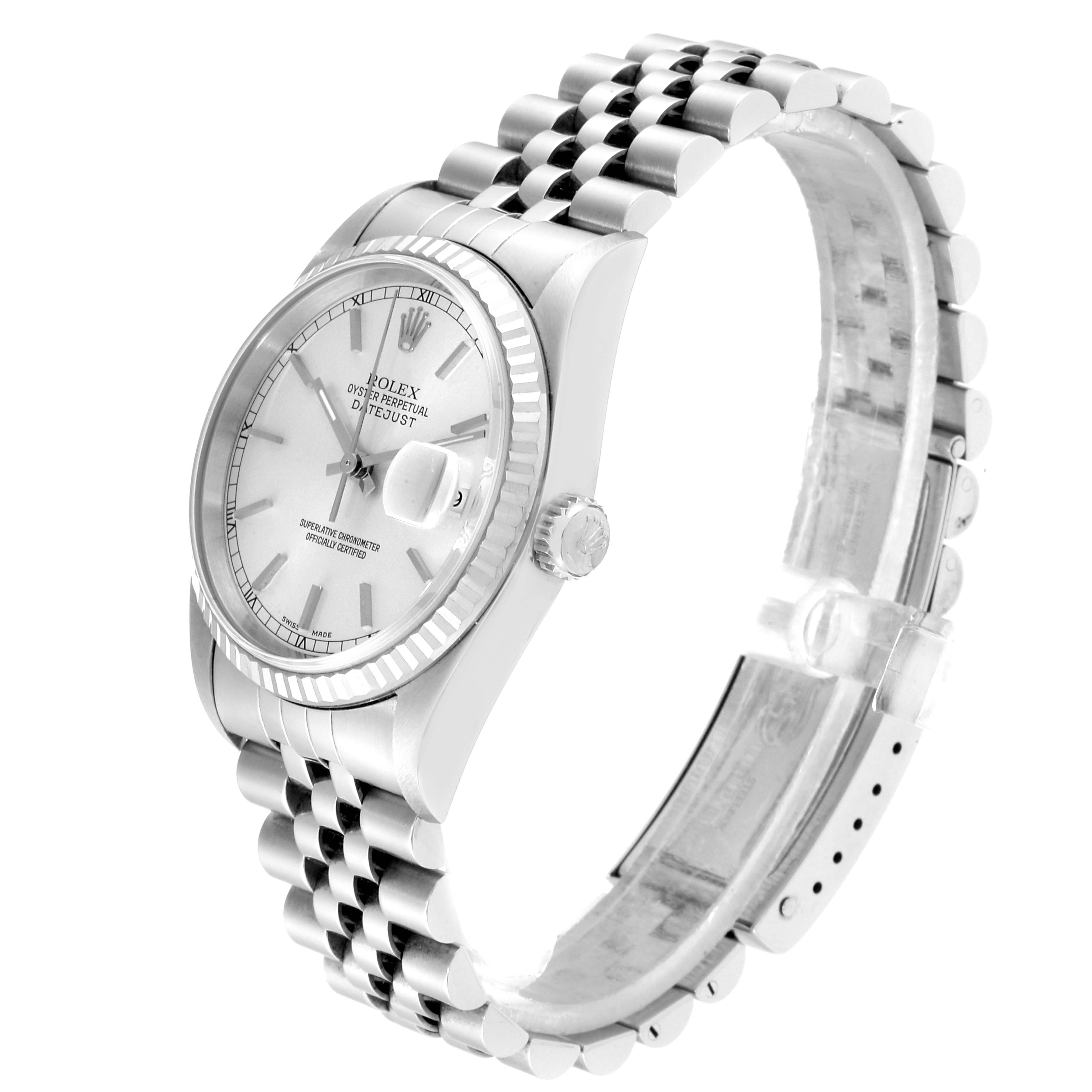 The image shows a Rolex Datejust 16234 Men's Stainless Steel Silver Dial 16234 Men's Stainless Steel Silver Dial watch at a 45-degree angle highlighting its face, bezel, crown, and jubilee bracelet.