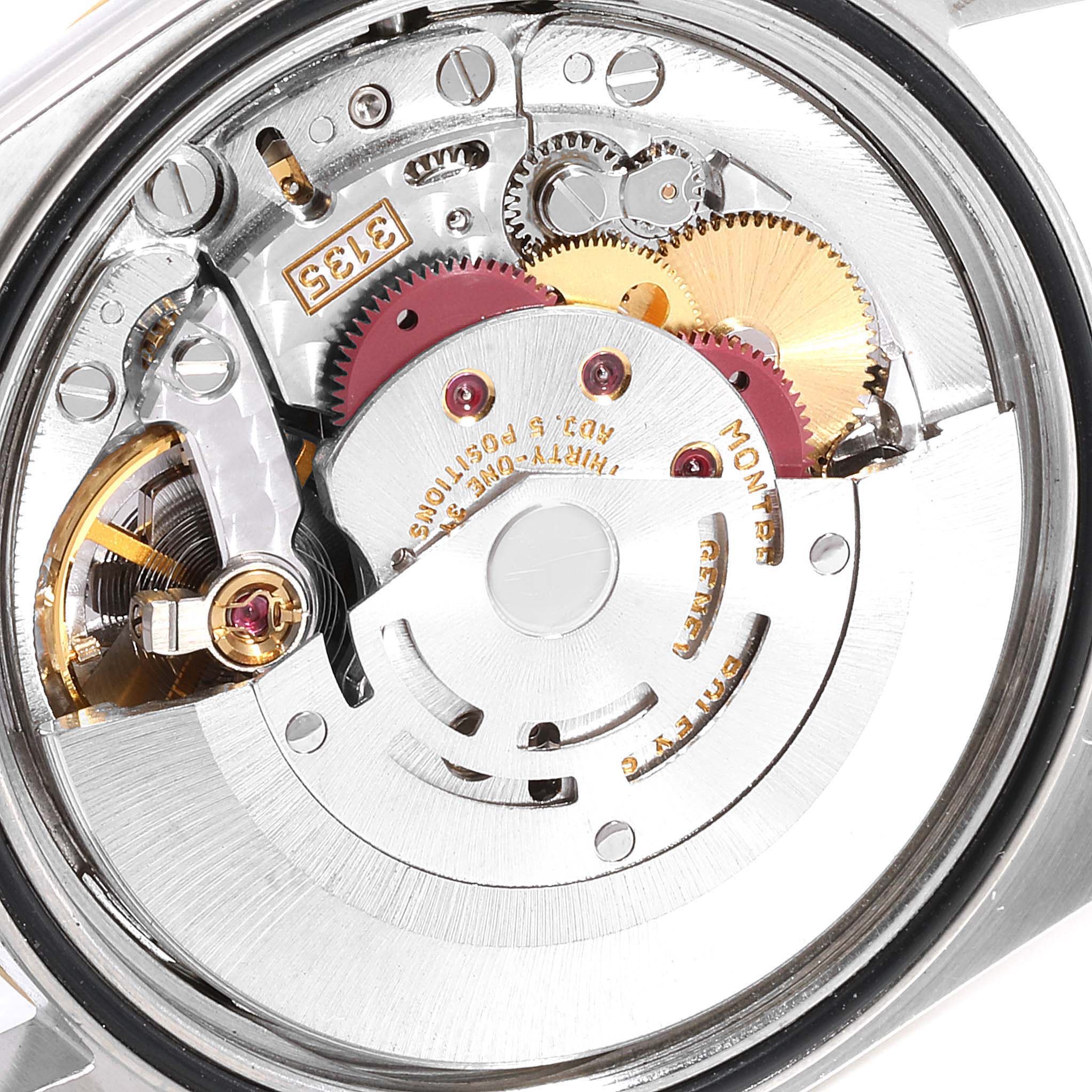 This image shows the internal movement mechanism of a Rolex Datejust 16233 Men's Steel and Gold (two tone) Champagne Dial 16233 Men's Steel and Gold (two tone) Champagne Dial watch from a top-down angle.