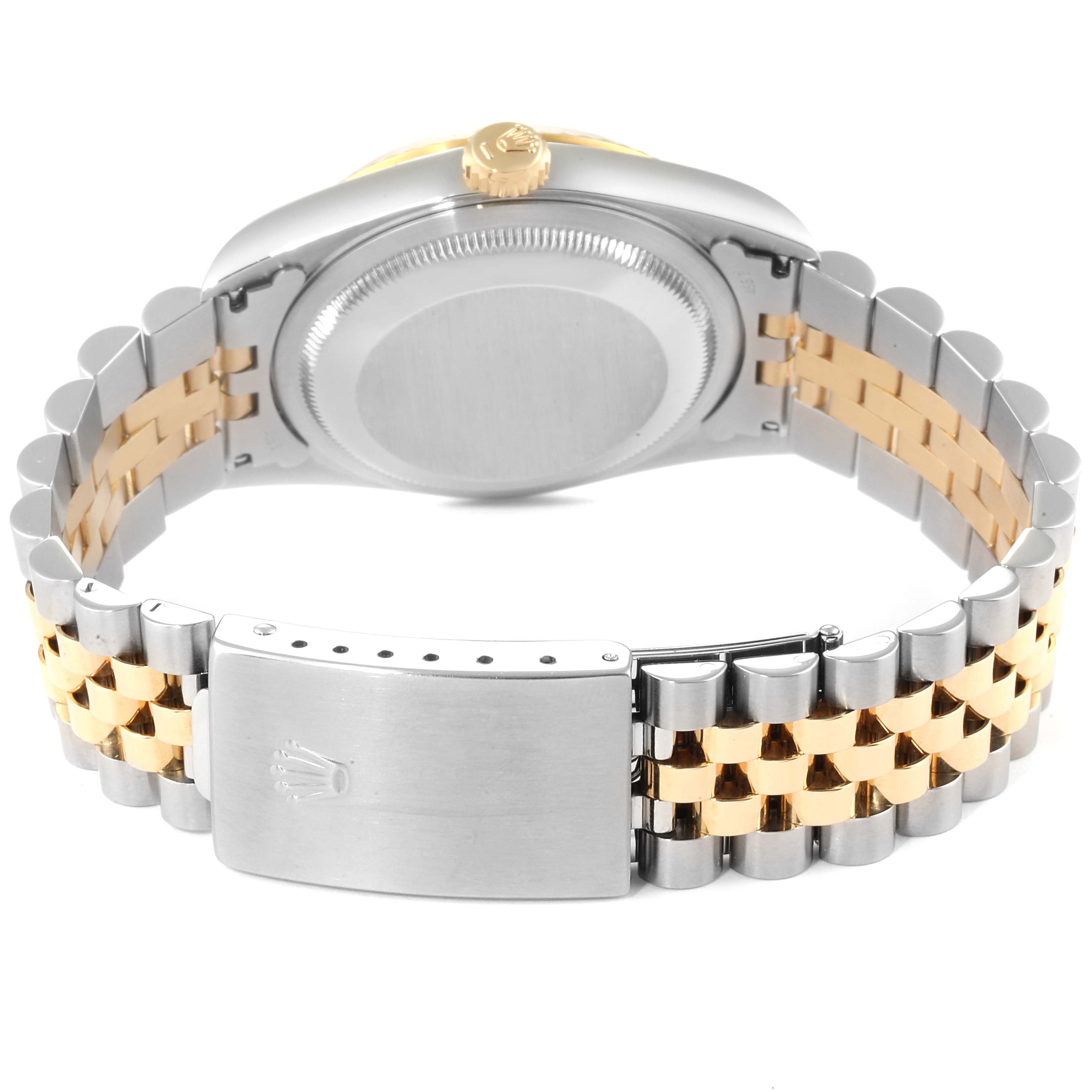 This image shows the back of the Rolex Datejust 16233 Men's Steel and Gold (two tone) Champagne Dial 16233 Men's Steel and Gold (two tone) Champagne Dial watch, highlighting its bracelet and clasp.