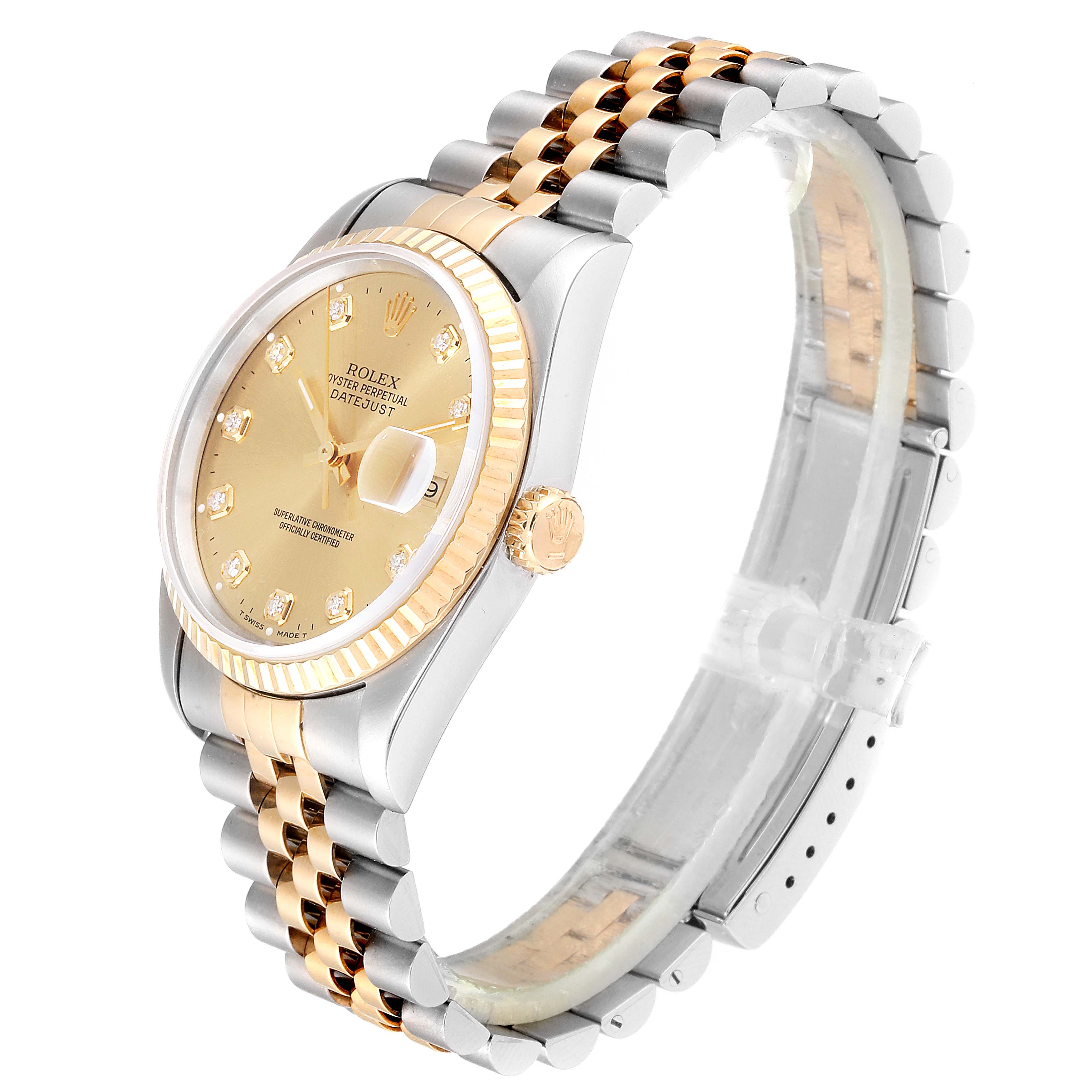 The image shows a side-angle view of a Rolex Datejust 16233 Men's Steel and Gold (two tone) Champagne Dial 16233 Men's Steel and Gold (two tone) Champagne Dial watch, featuring the bezel, bracelet, and crown.
