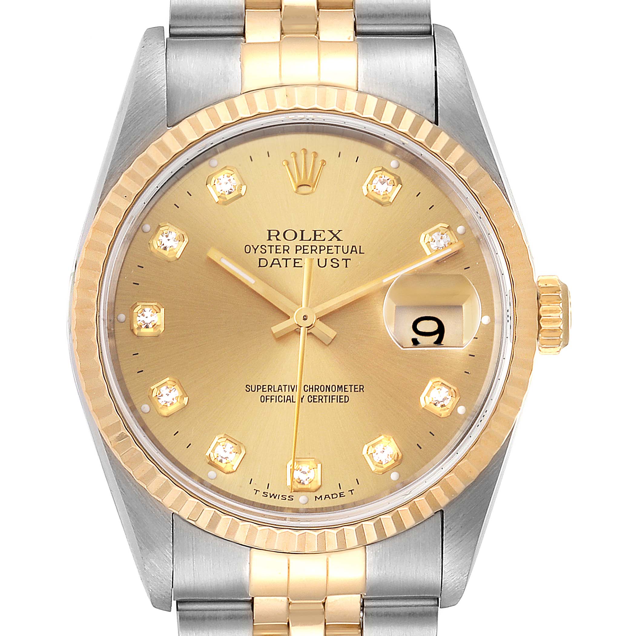 Rolex Datejust Steel 18k Yellow Gold Diamond Dial Mens Watch 16233