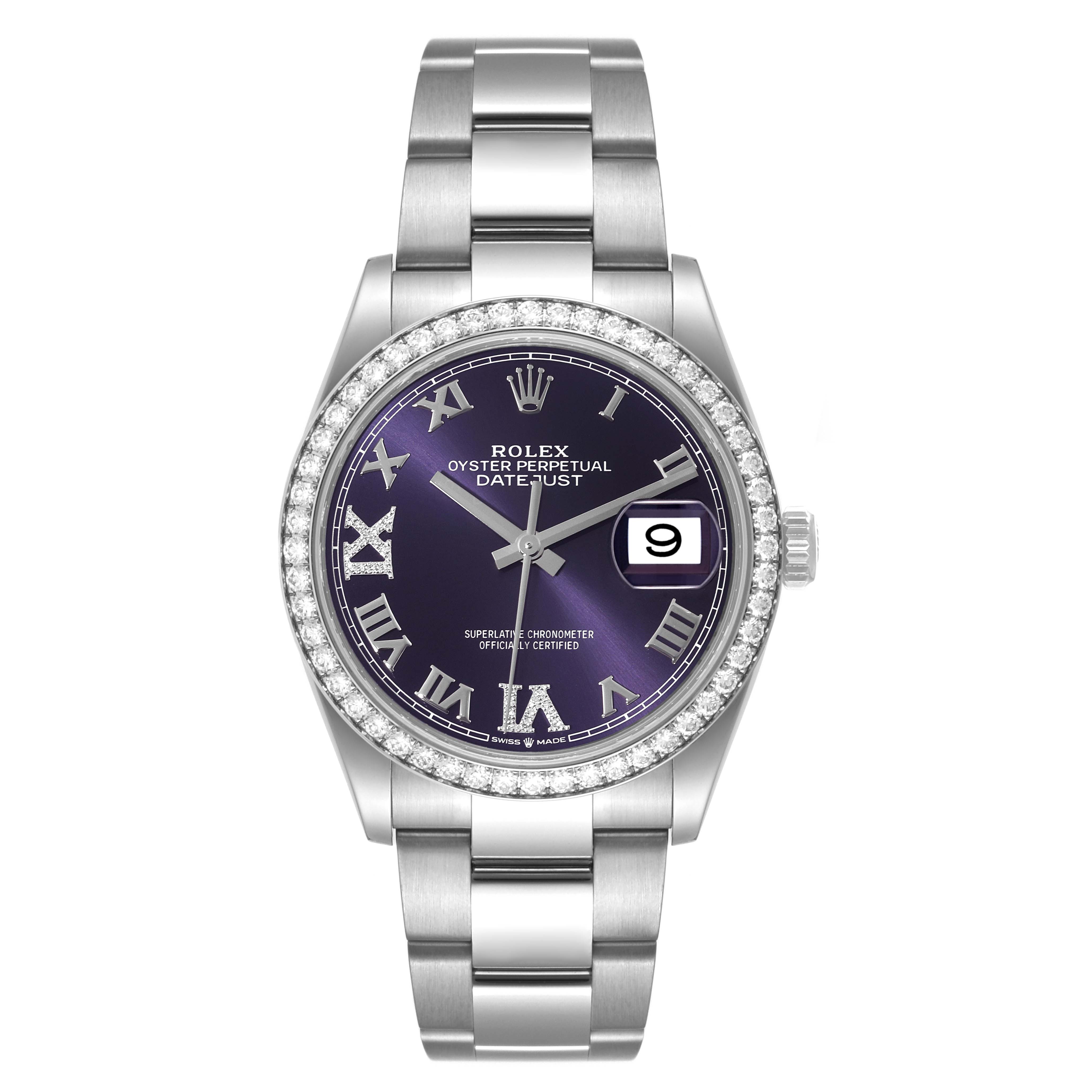 This image shows a frontal view of the Rolex Datejust 126284RBR Men's Stainless Steel Purple Dial 126284RBR Men's Stainless Steel Purple Dial, highlighting its purple dial, date window, and stainless steel bracelet.