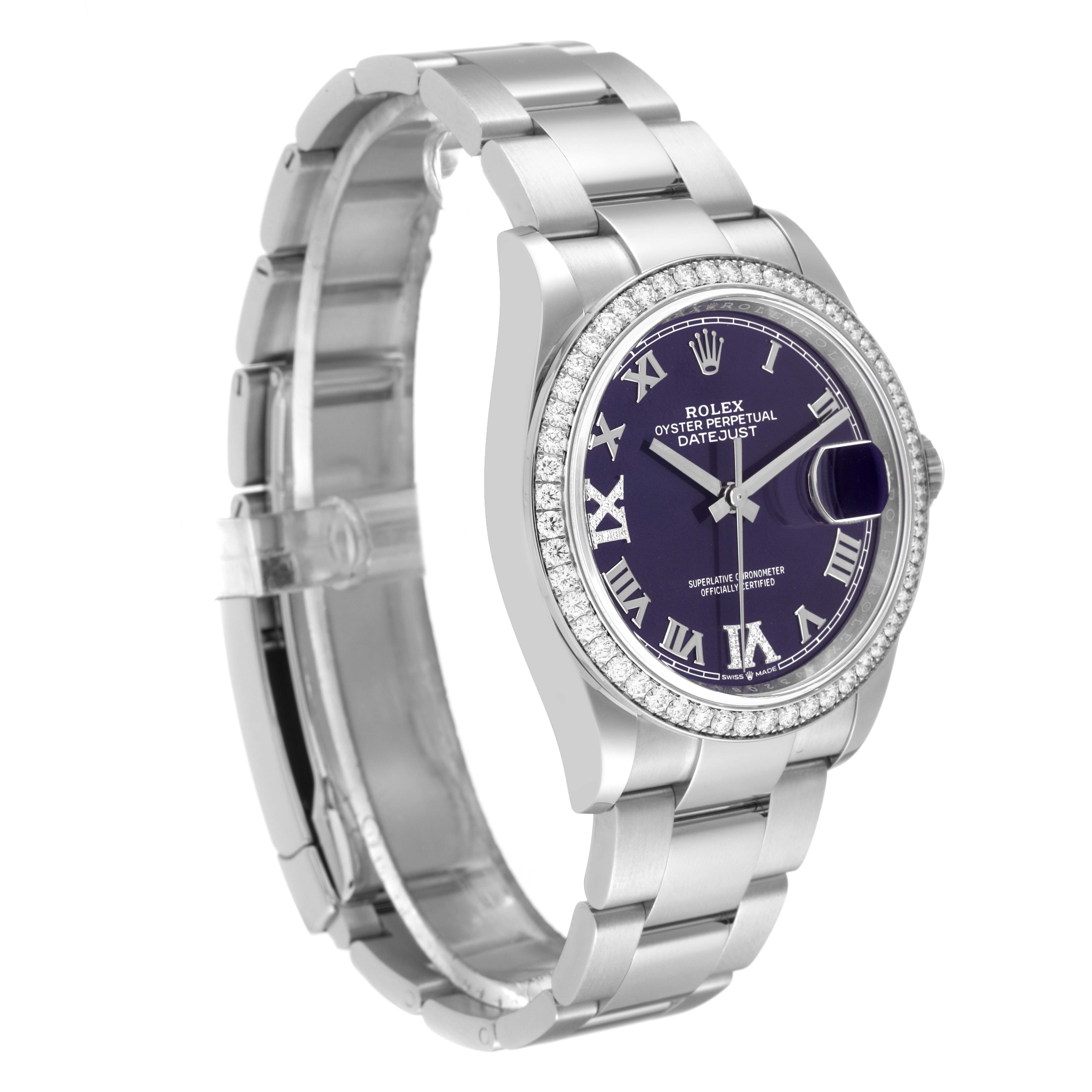 The image shows a Rolex Datejust 126284RBR Men's Stainless Steel Purple Dial 126284RBR Men's Stainless Steel Purple Dial model watch at a slightly angled side view, highlighting its face, bezel, and bracelet.