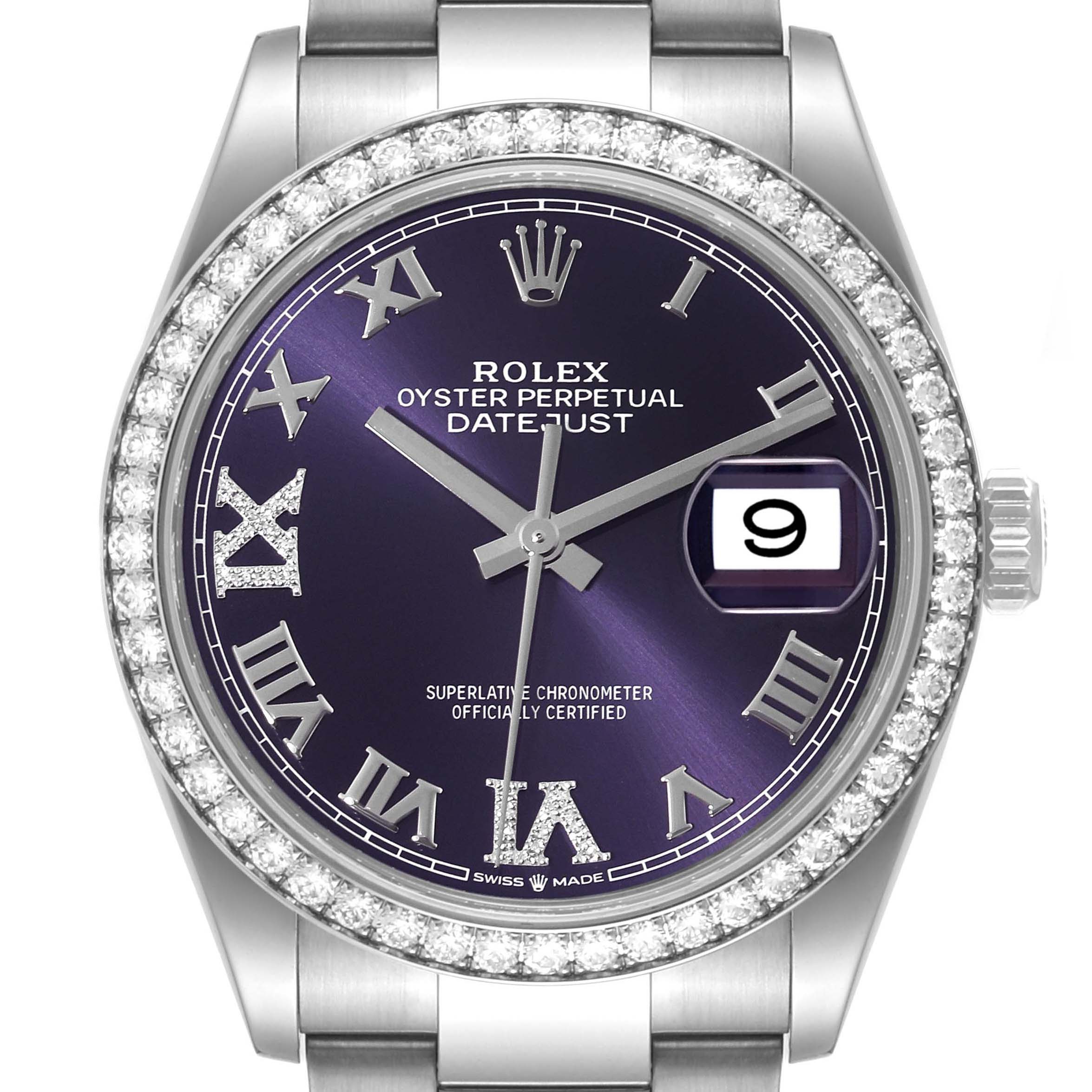 This close-up image shows the face of a Rolex Datejust 126284RBR Men's Stainless Steel Purple Dial 126284RBR Men's Stainless Steel Purple Dial watch, highlighting its diamond bezel, Roman numerals, and cyclops date window.