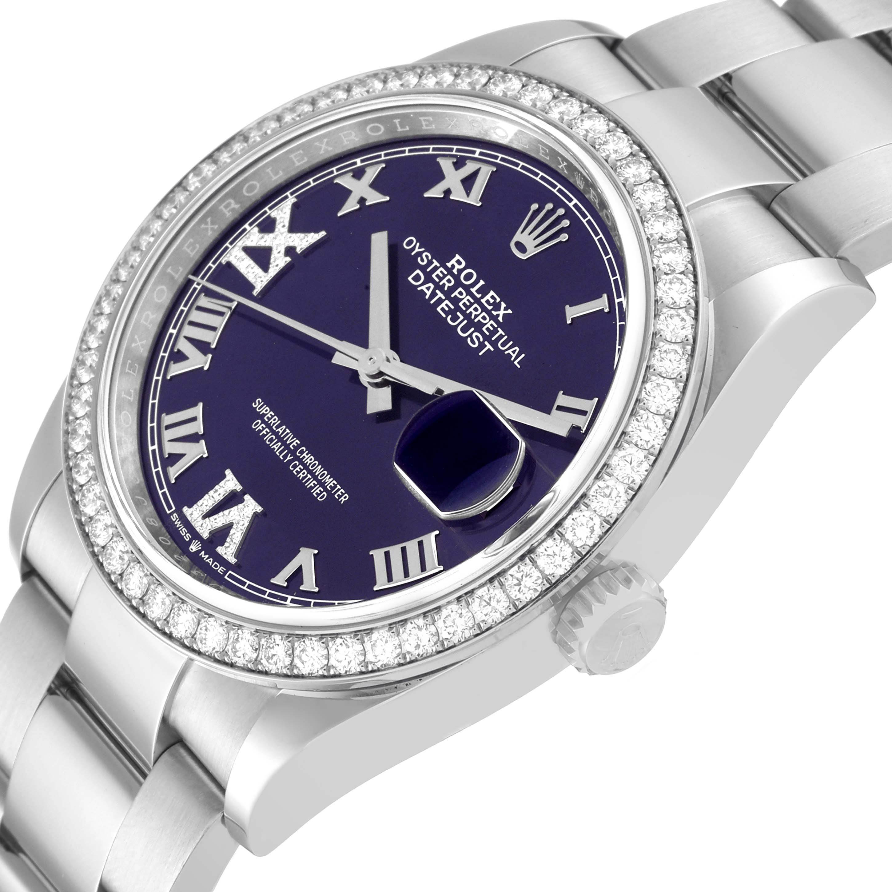 This angled image shows the face, bezel, bracelet, and crown of a Rolex Datejust 126284RBR Men's Stainless Steel Purple Dial 126284RBR Men's Stainless Steel Purple Dial watch.