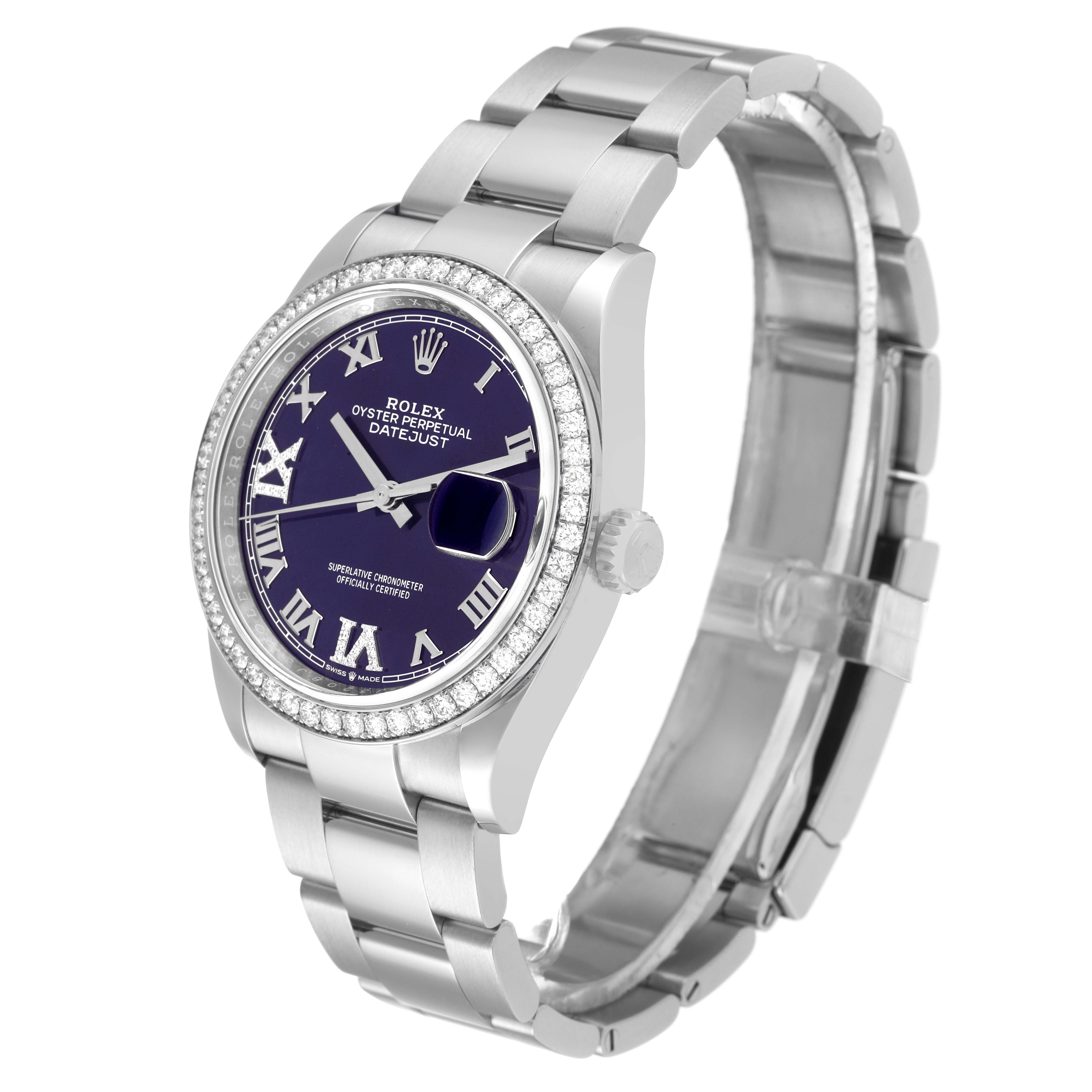 The Rolex Datejust 126284RBR Men's Stainless Steel Purple Dial 126284RBR Men's Stainless Steel Purple Dial watch is shown at a slightly angled side view, displaying the dial, bezel, and bracelet.