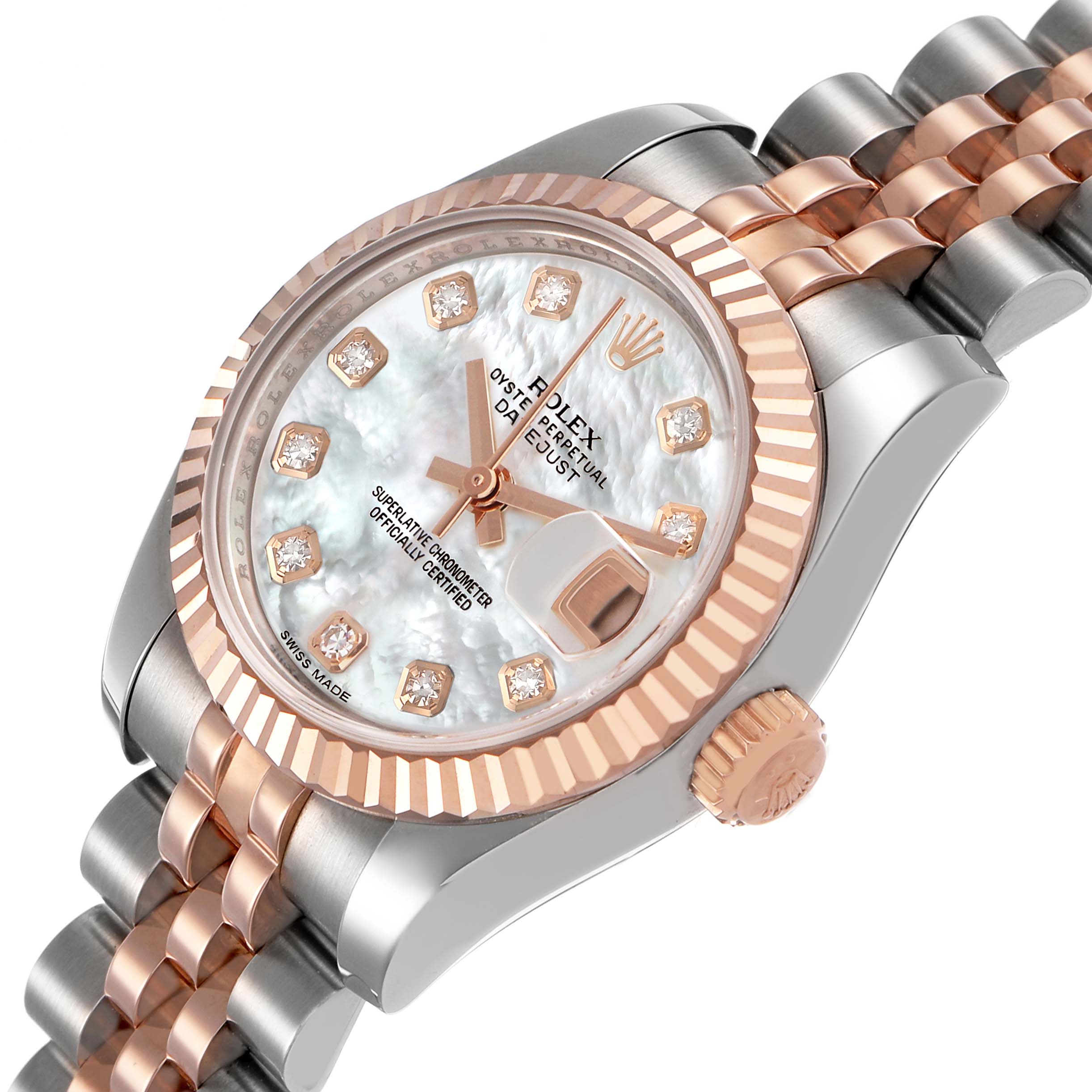 The Rolex Datejust 179171 Women's Stainless Steel Mother of Pearl Dial watch is shown at a tilted angle highlighting the bezel, crown, dial, and part of the bracelet.