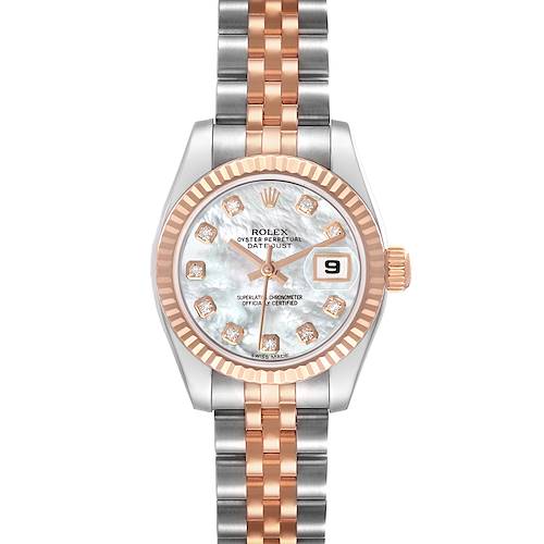 The Rolex Datejust 179171 Women's Stainless Steel Mother of Pearl Dial watch is shown from a top-down angle, highlighting the mother-of-pearl dial, diamond hour markers, and two-tone bracelet.