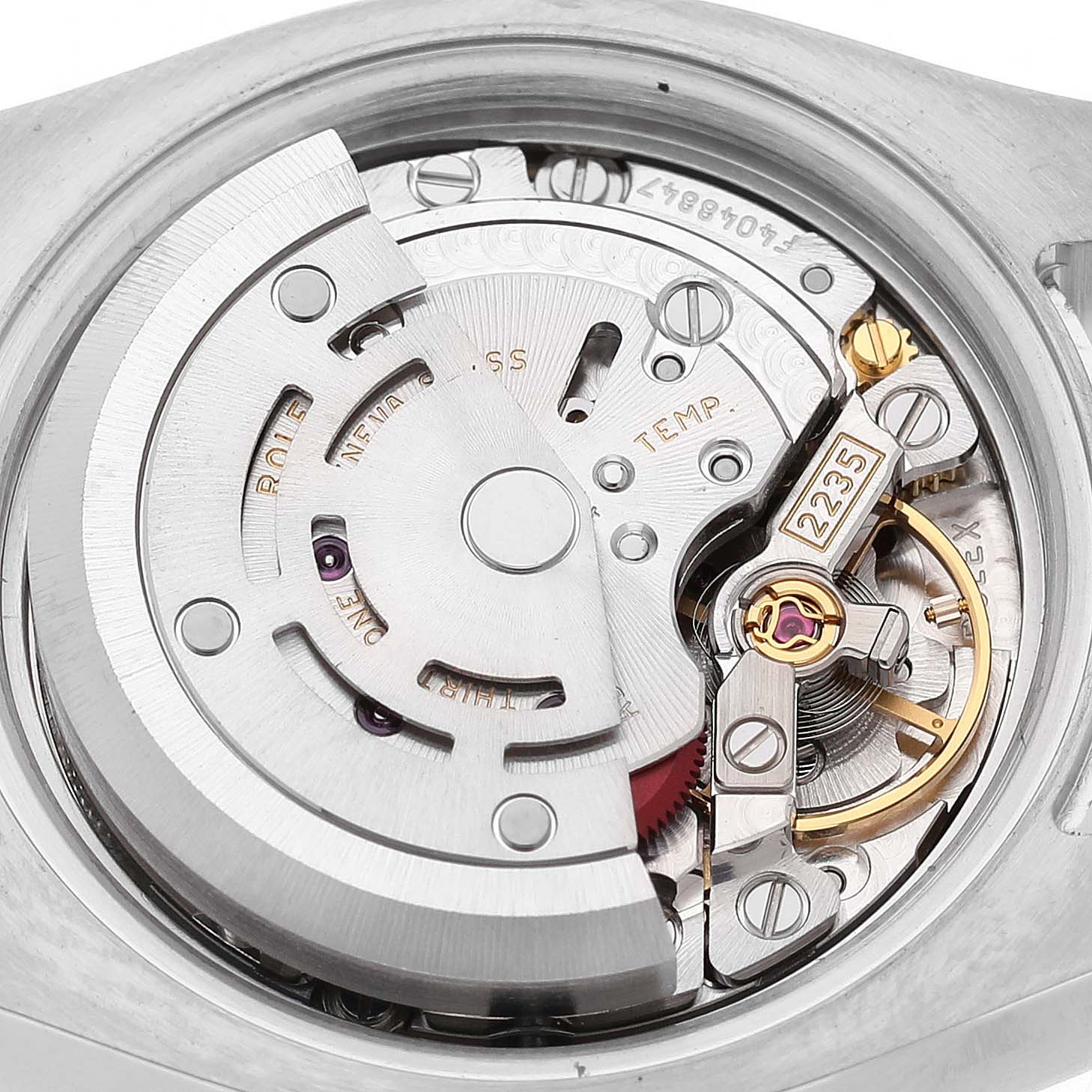 The image shows the movement of a Rolex Datejust 179171 Women's Stainless Steel Mother of Pearl Dial watch from a top view, highlighting intricate components.