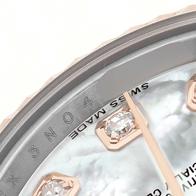 The image shows a close-up of the dial of a Rolex Datejust 179171 Women's Stainless Steel Mother of Pearl Dial, focusing on diamond indices and the edge of the watch face.