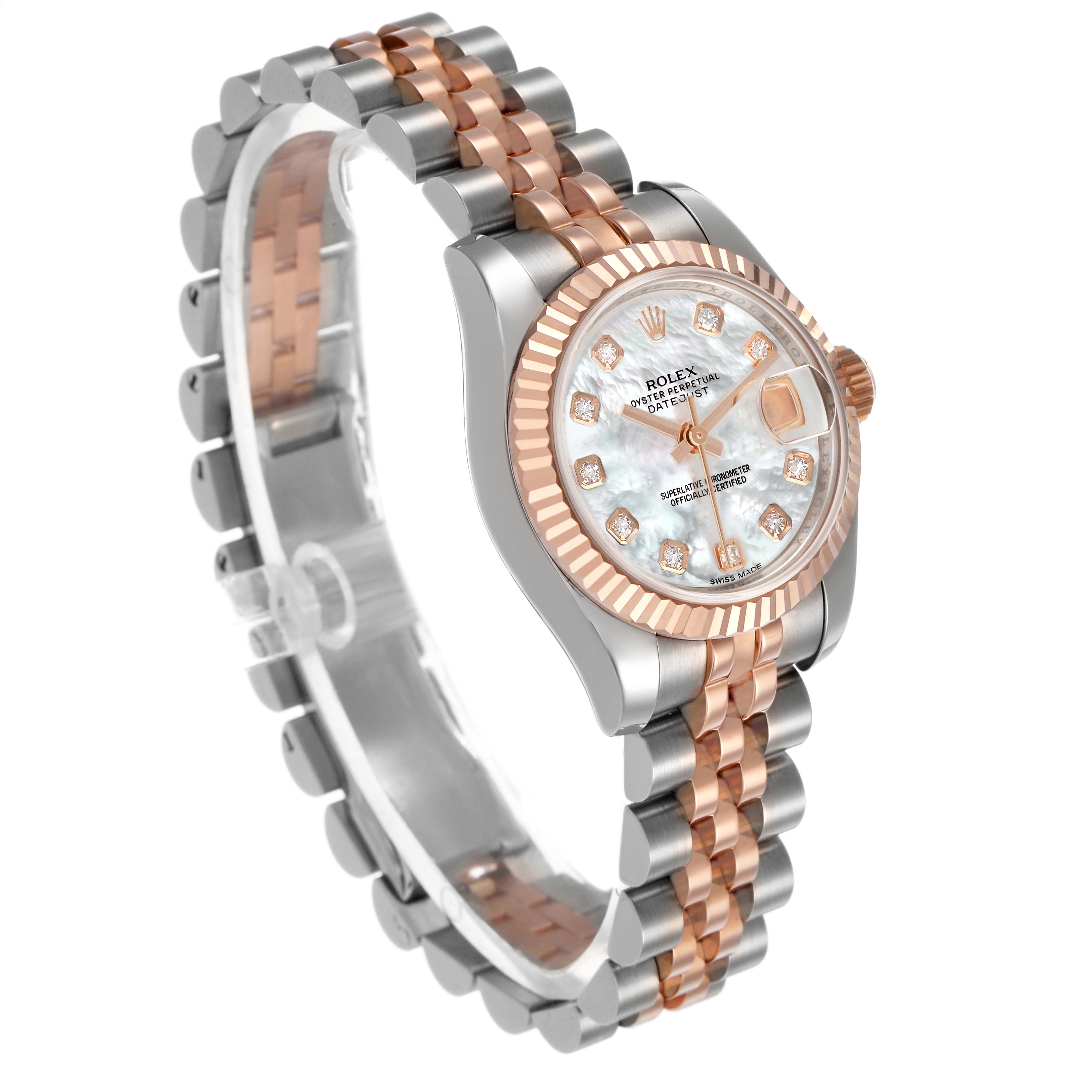 The Rolex Datejust 179171 Women's Stainless Steel Mother of Pearl Dial watch is shown at a three-quarter angle, highlighting the face, bezel, and Jubilee bracelet.