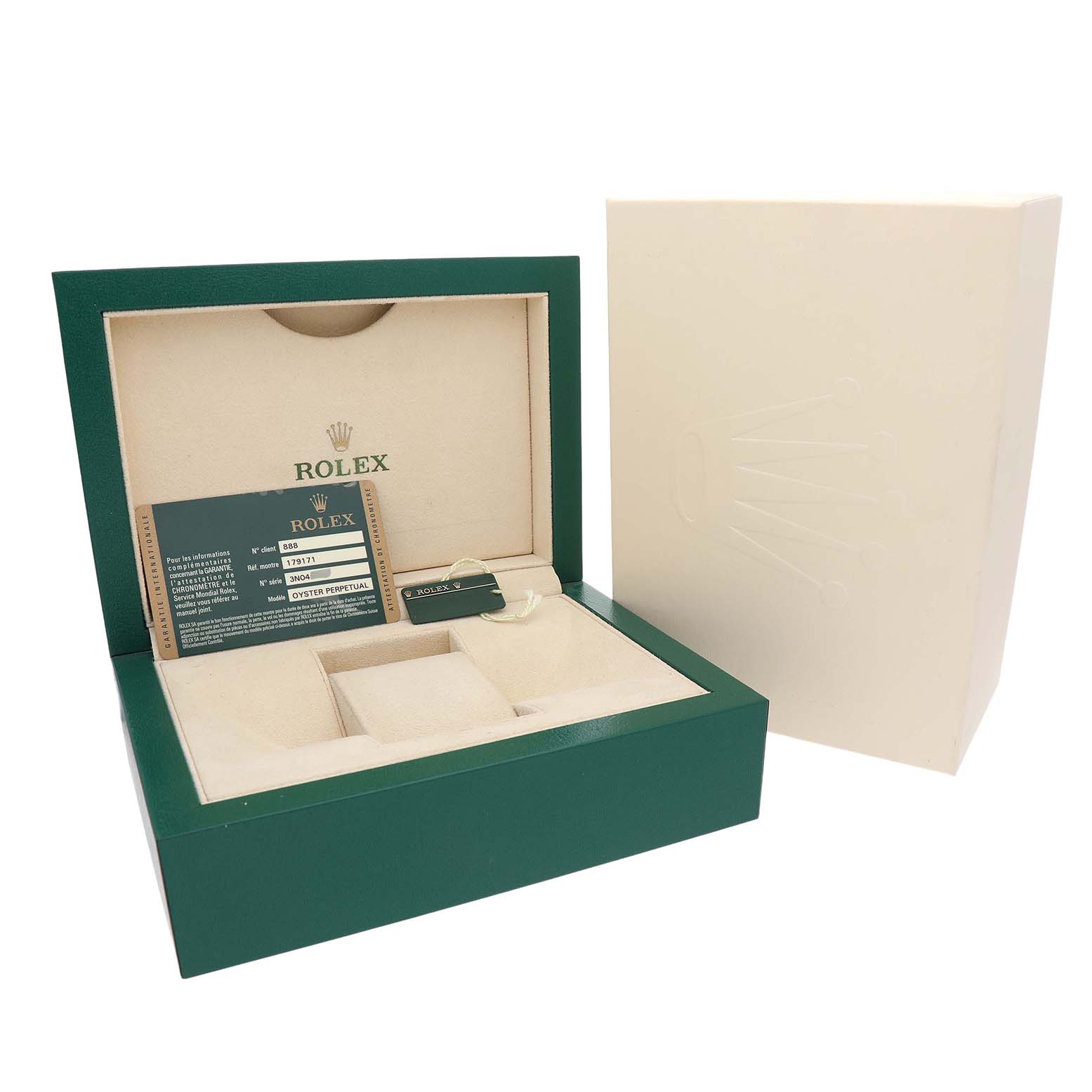 The image shows a Rolex Datejust 179171 Women's Stainless Steel Mother of Pearl Dial watch box with tags and warranty card at a slight angle in an open display.