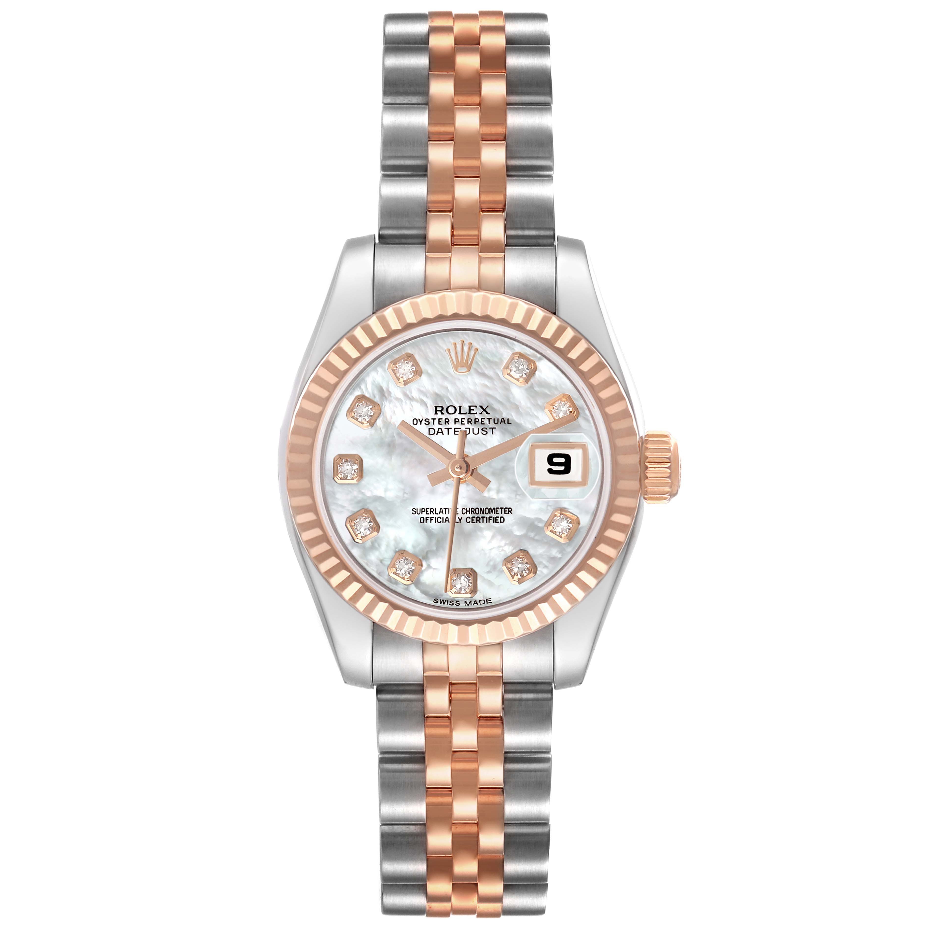 The Rolex Datejust 179171 Women's Stainless Steel Mother of Pearl Dial watch is shown from a top-down angle, displaying the face, bezel, and bracelet.