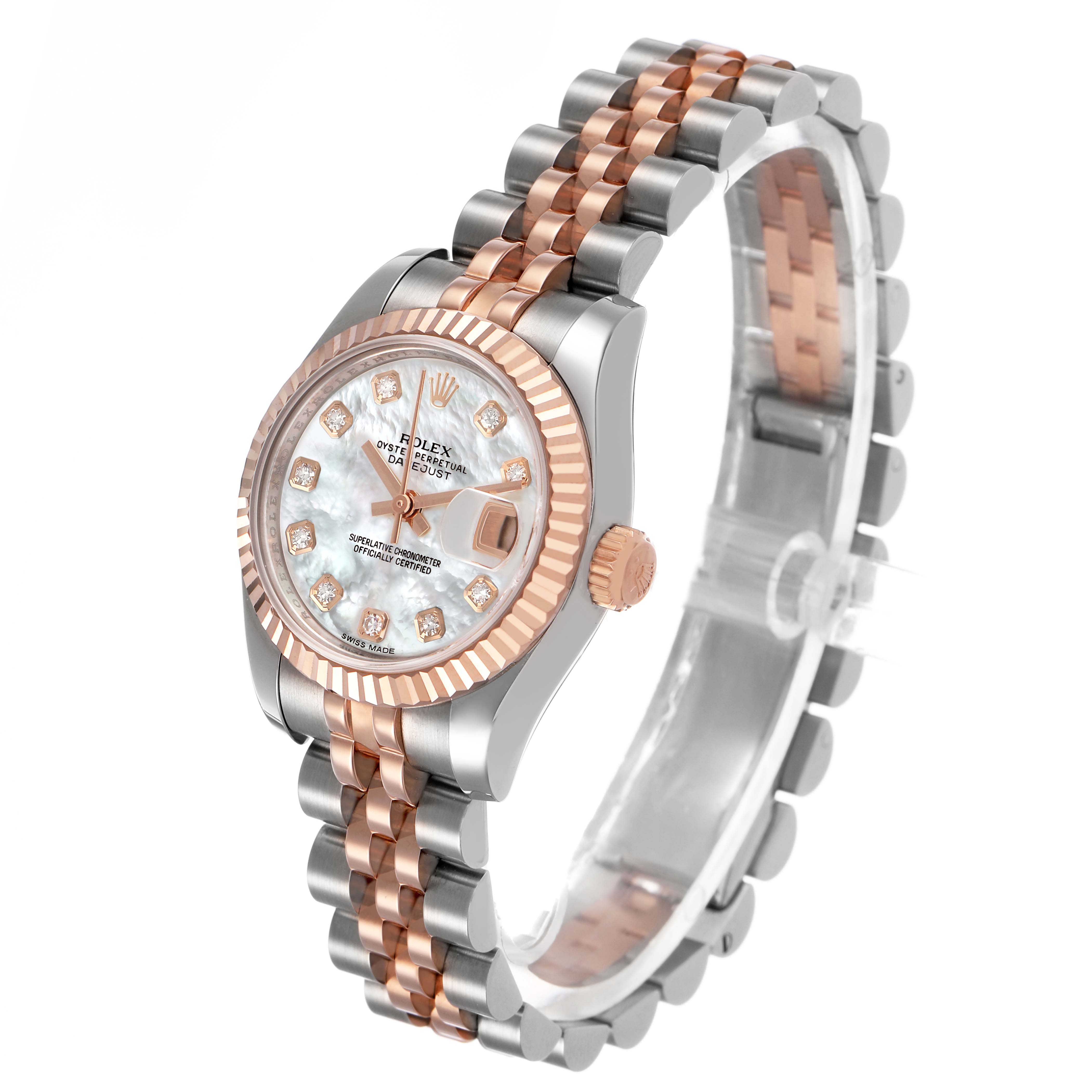 The image shows a Rolex Datejust 179171 Women's Stainless Steel Mother of Pearl Dial watch at a three-quarter angle, highlighting its face, bezel, and Jubilee bracelet.