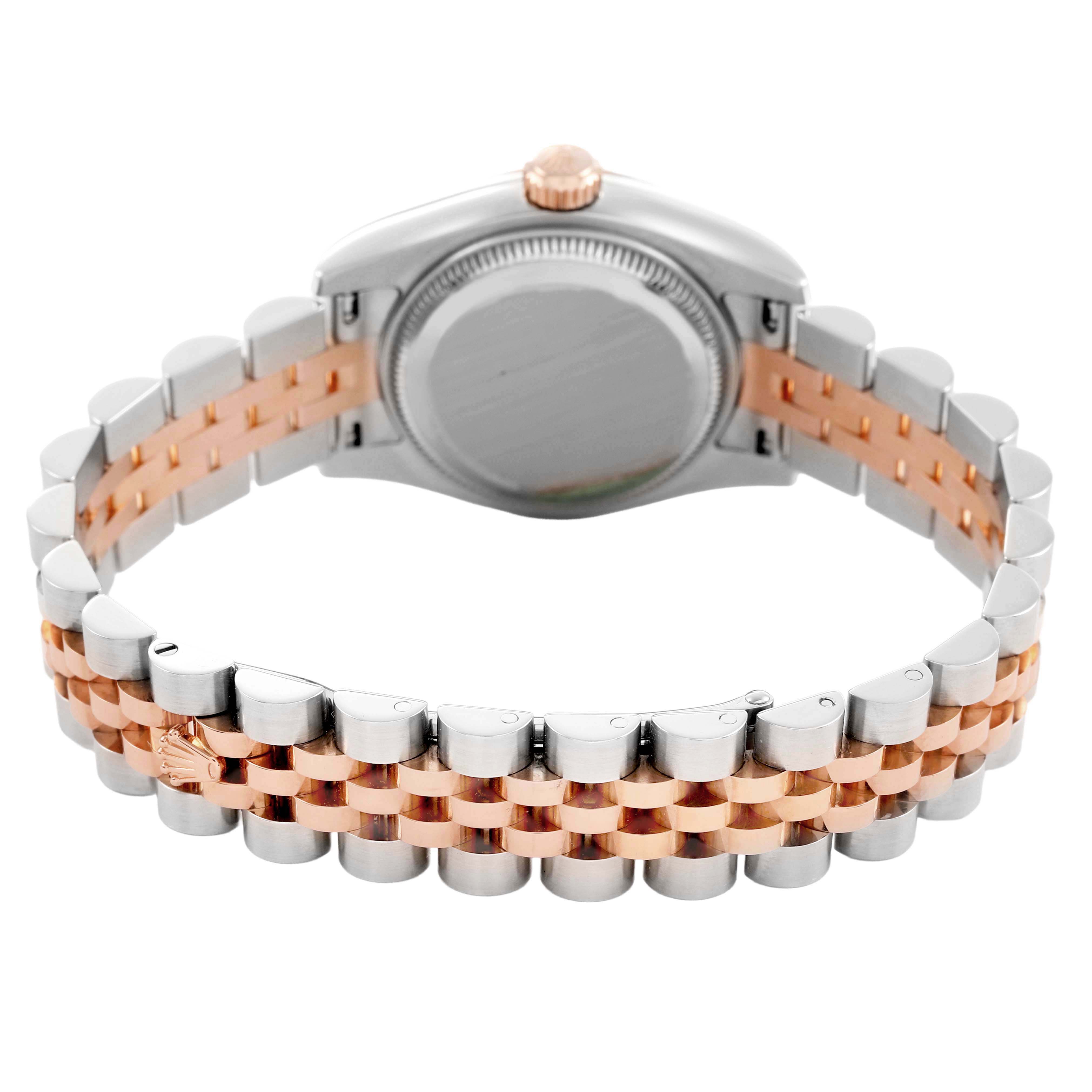 The image shows the back view of a Rolex Datejust 179171 Women's Stainless Steel Mother of Pearl Dial watch, highlighting the case back and two-tone Jubilee bracelet.