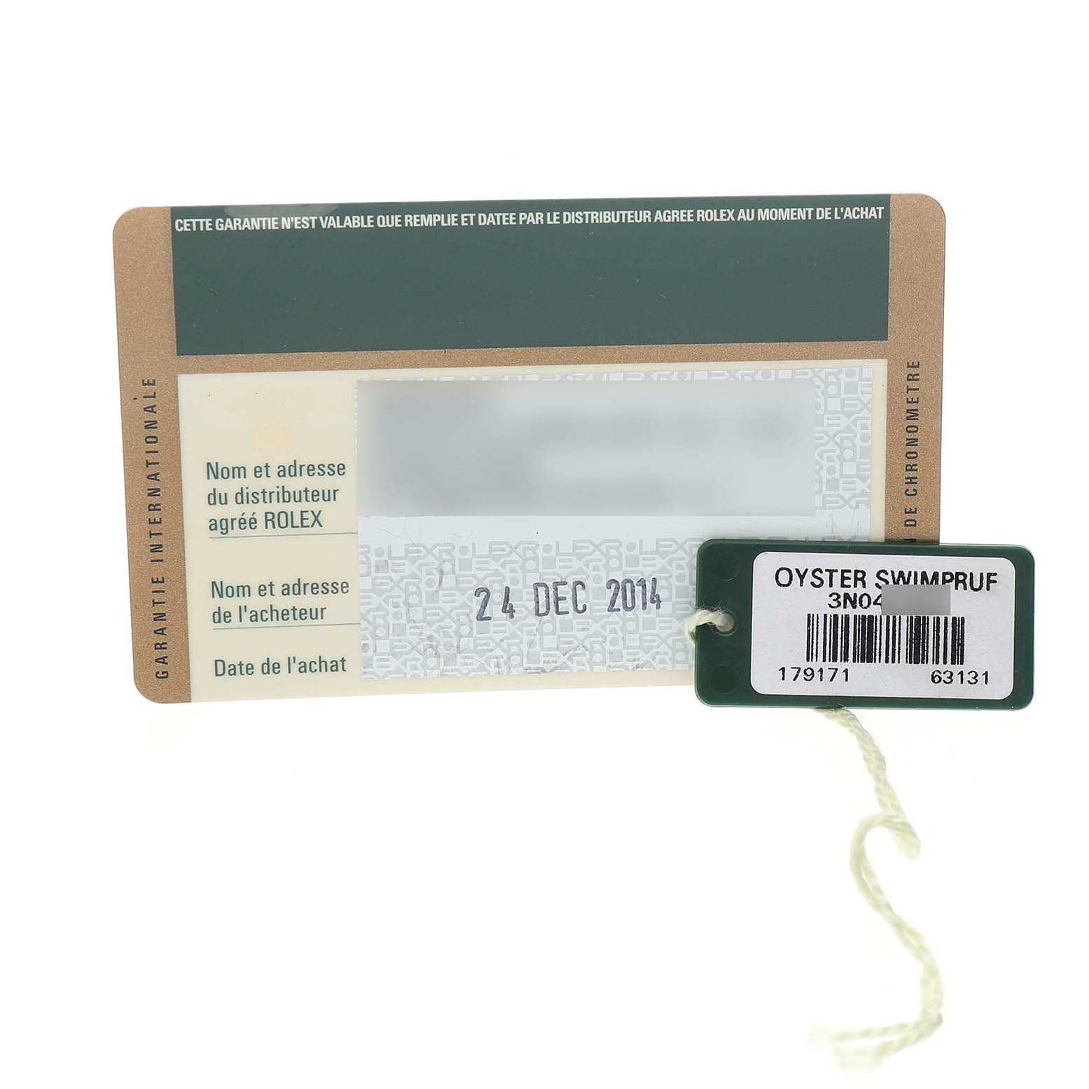 The image shows a warranty card and a tag for a Rolex Datejust 179171 Women's Stainless Steel Mother of Pearl Dial watch, viewed from the front.