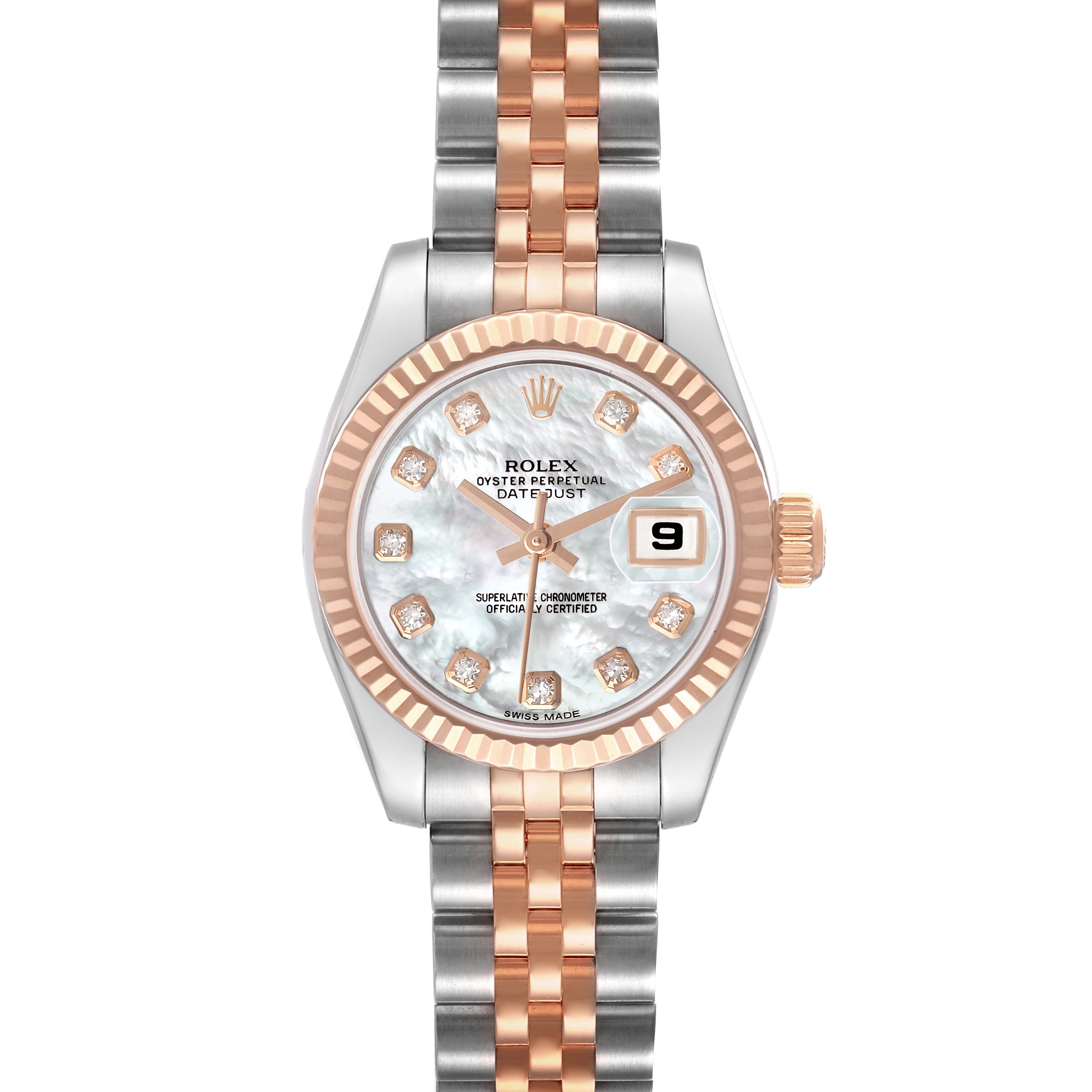 The Rolex Datejust 179171 Women's Stainless Steel Mother of Pearl Dial watch is shown from the front, highlighting the bezel, dial, bracelet, and date feature.
