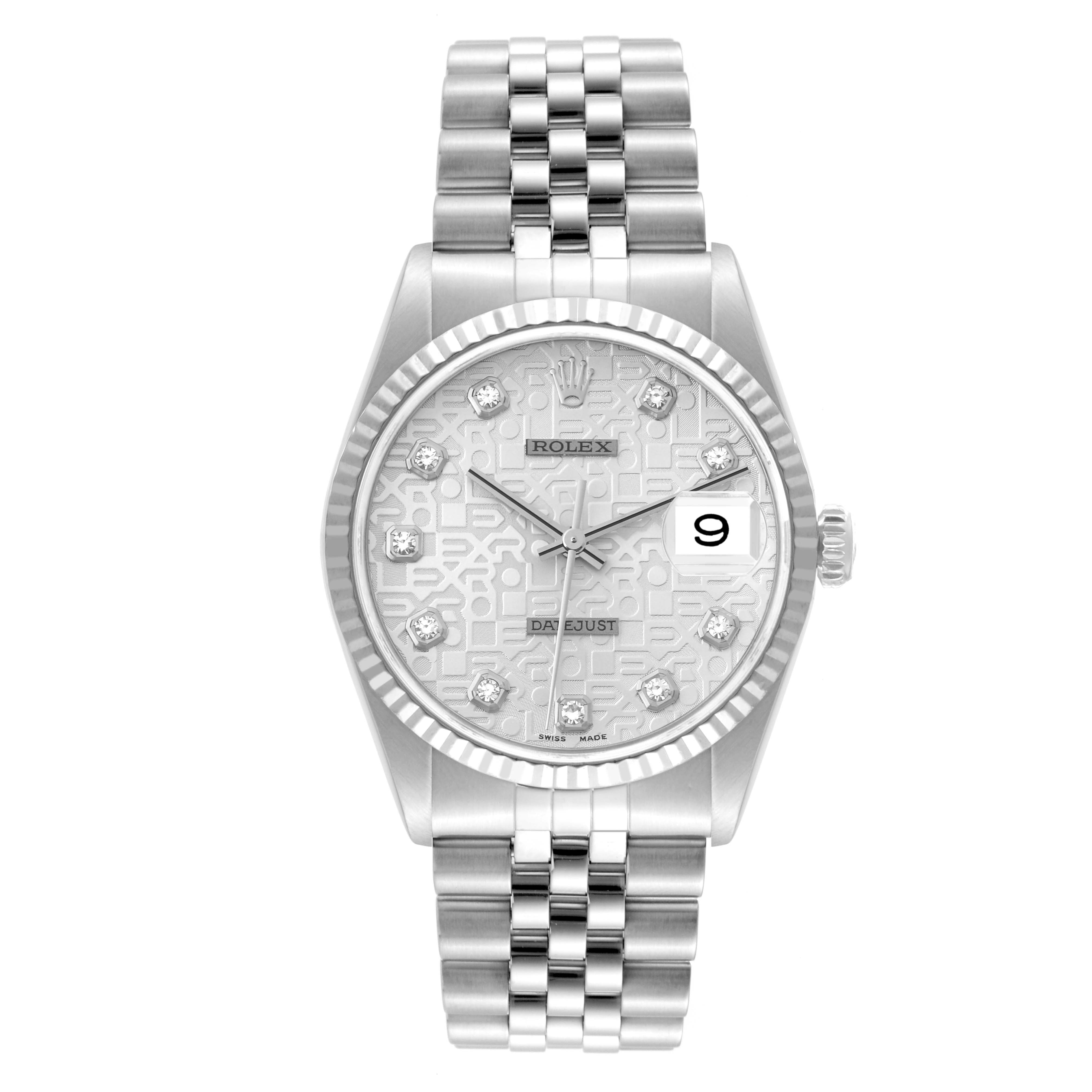 This image shows a frontal view of a Rolex Datejust 16234 Men's Stainless Steel Silver Dial 16234 Men's Stainless Steel Silver Dial watch, featuring its dial, jubilee bracelet, and fluted bezel.