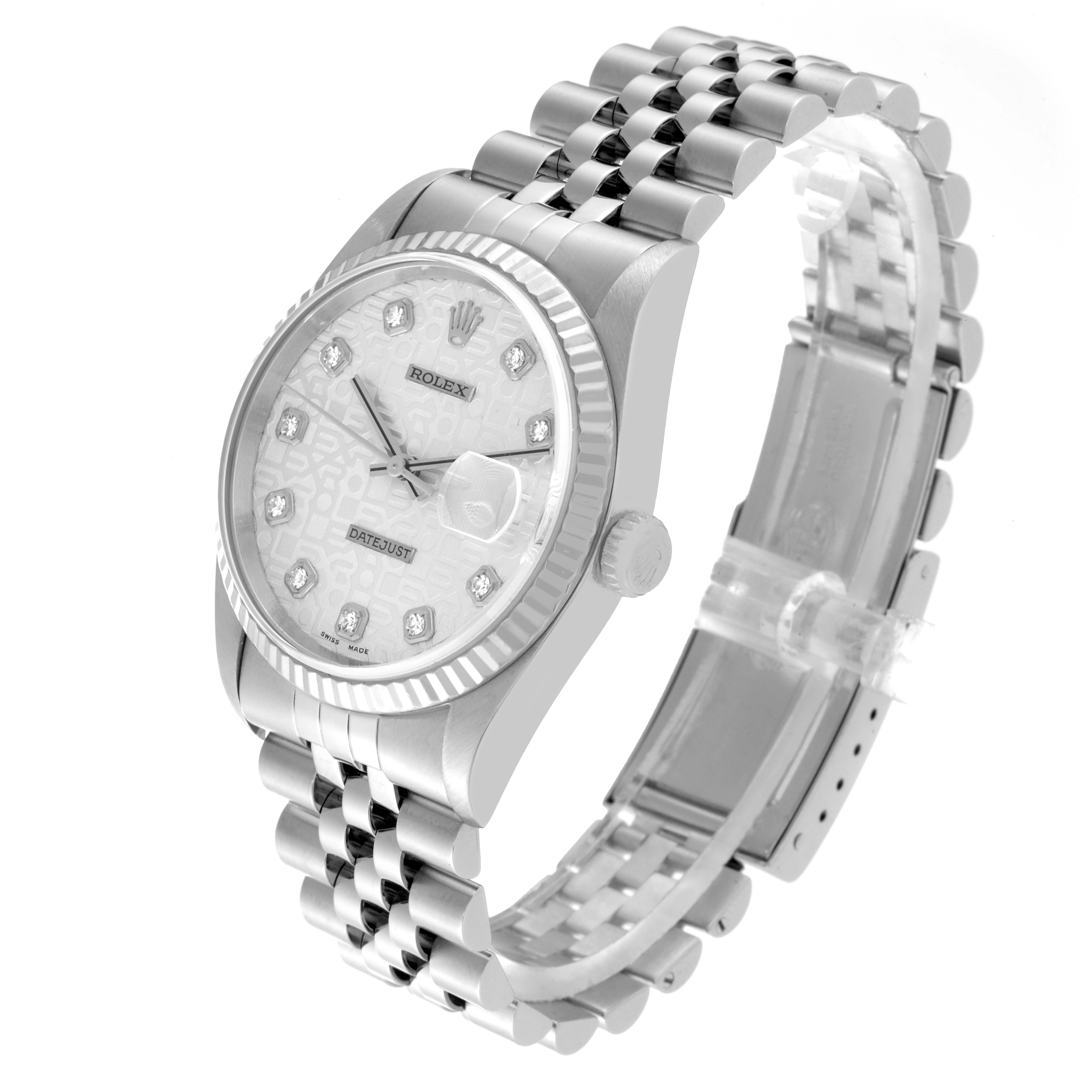 This image shows a Rolex Datejust 16234 Men's Stainless Steel Silver Dial 16234 Men's Stainless Steel Silver Dial watch at a three-quarter angle, highlighting the face, bezel, crown, and bracelet.