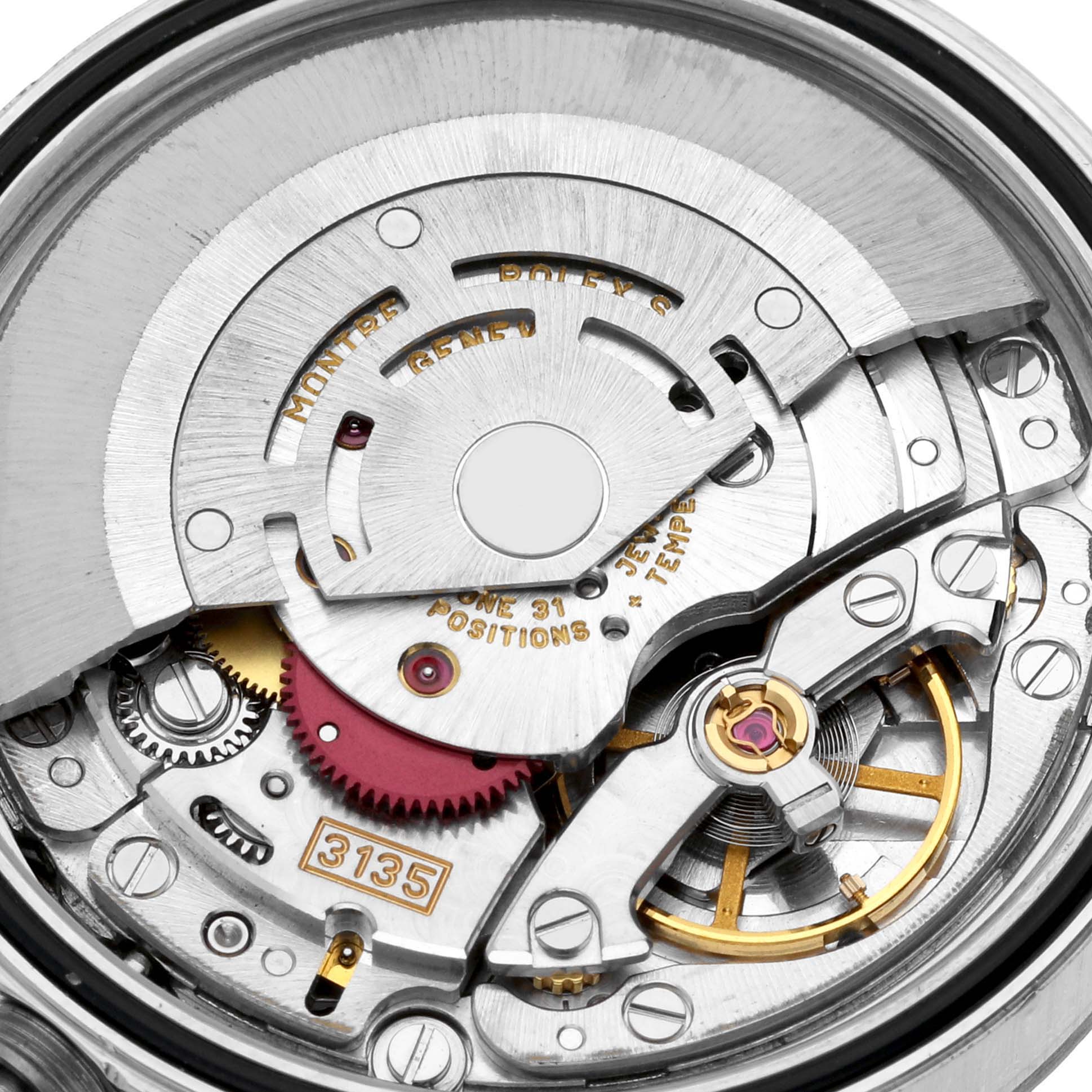 This image shows a close-up view of the Rolex Datejust 16234 Men's Stainless Steel Silver Dial 16234 Men's Stainless Steel Silver Dial watch movement, specifically the Caliber 3135.