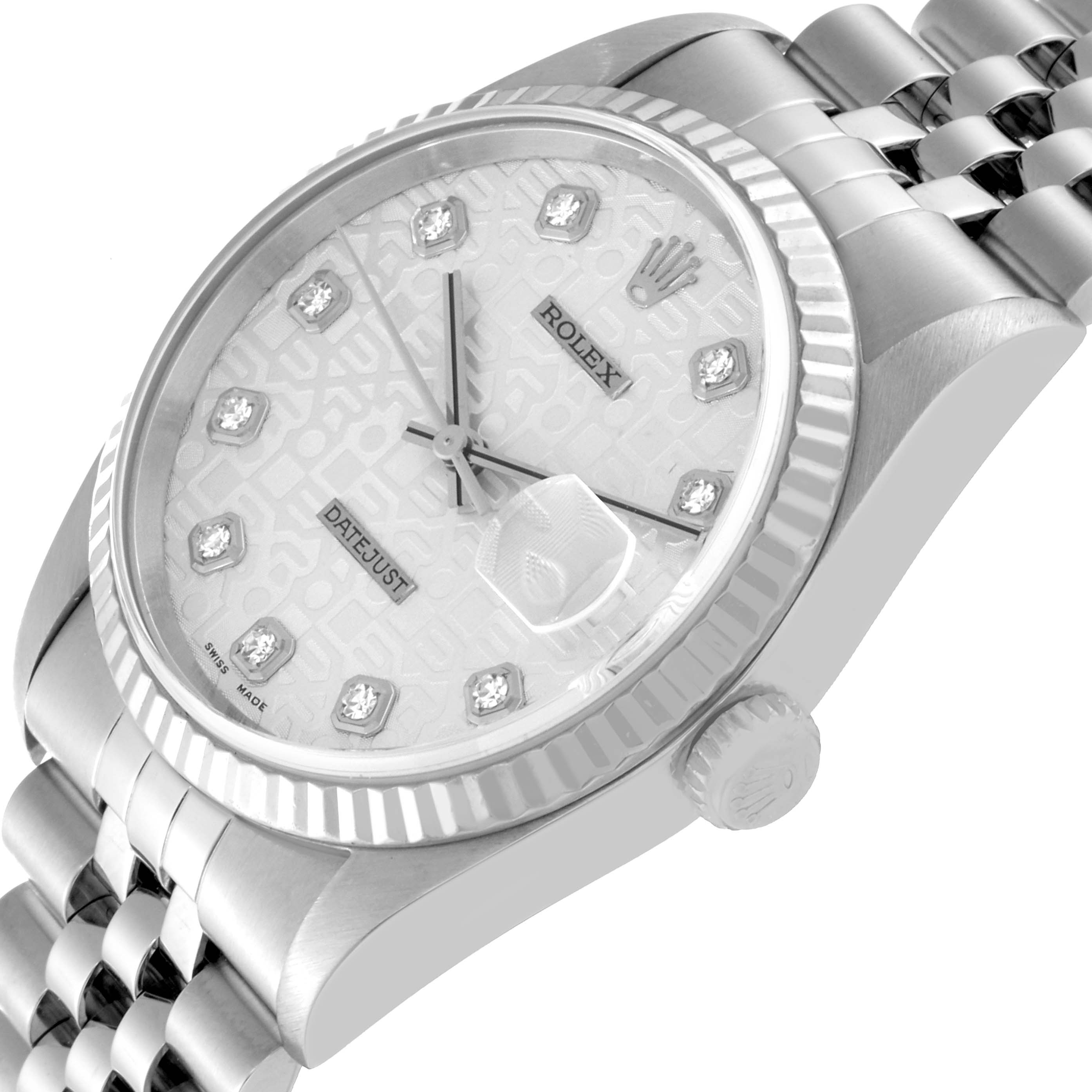This is an angled view of a Rolex Datejust 16234 Men's Stainless Steel Silver Dial 16234 Men's Stainless Steel Silver Dial watch, showing the dial, bezel, crown, and part of the bracelet.