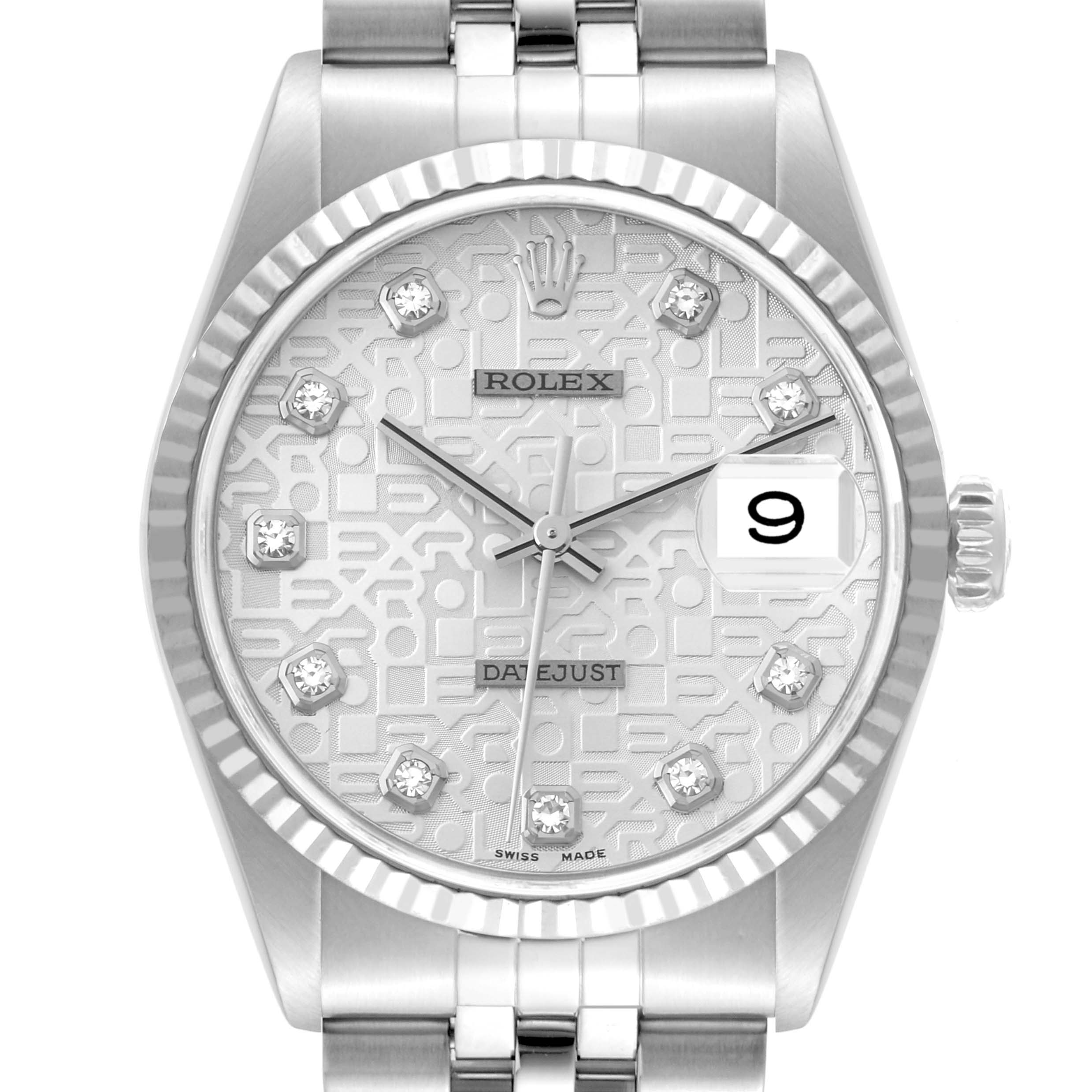 This image displays a front view of a Rolex Datejust 16234 Men's Stainless Steel Silver Dial 16234 Men's Stainless Steel Silver Dial watch, showcasing the dial, hands, crown, and part of the bracelet.