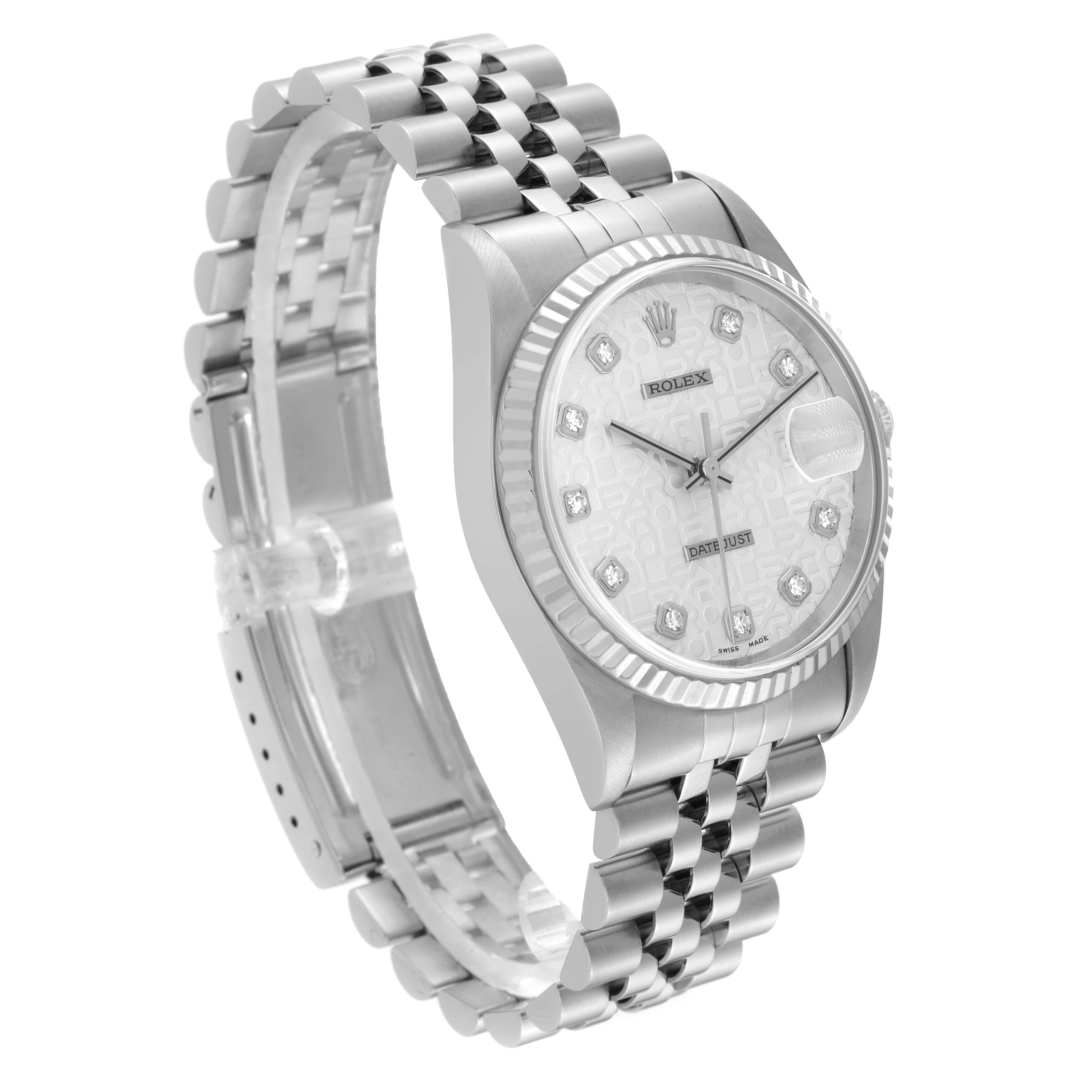 The image shows a Rolex Datejust 16234 Men's Stainless Steel Silver Dial 16234 Men's Stainless Steel Silver Dial watch from an angled side view, displaying the face, bracelet, and crown.