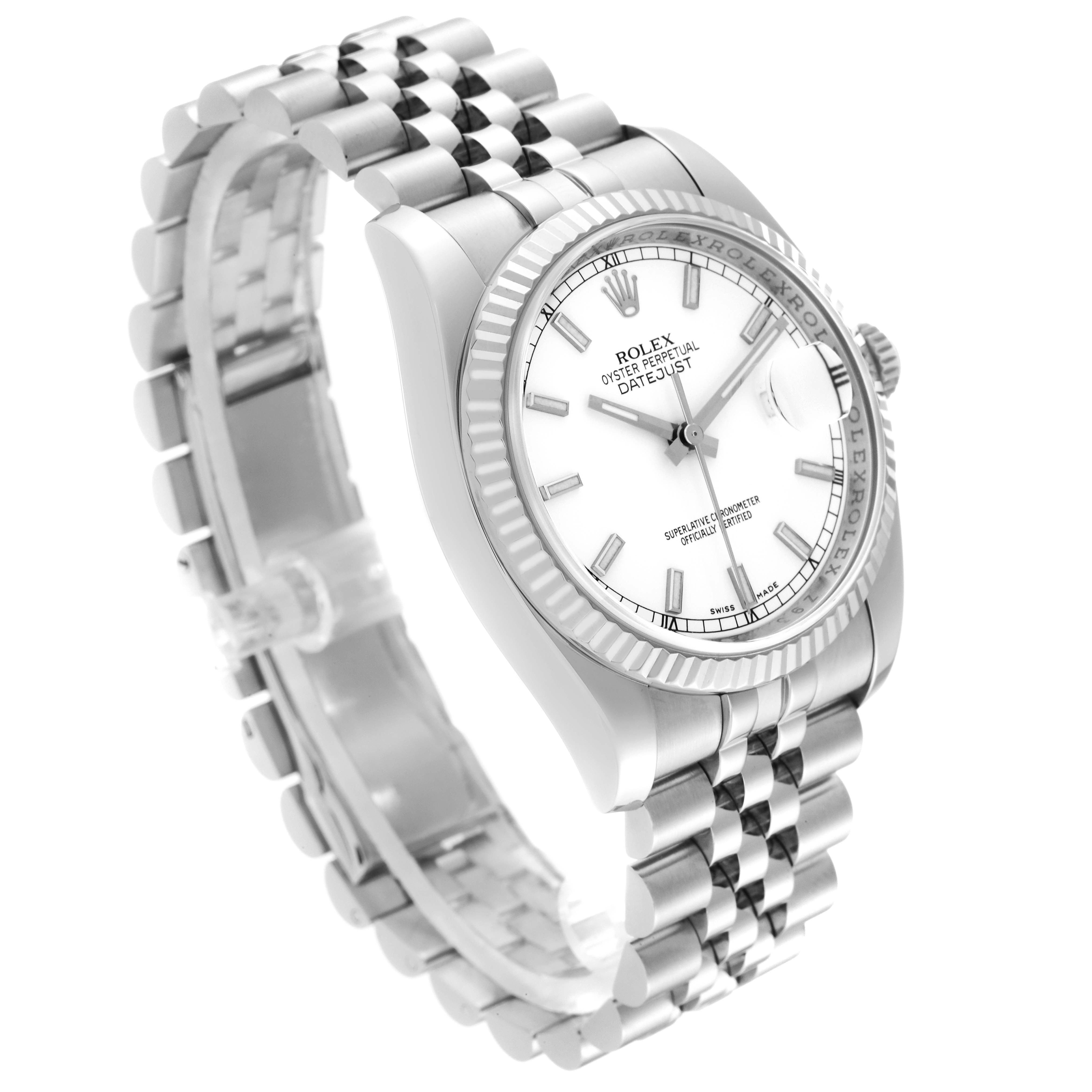 The image shows a Rolex Datejust 116234 Men's Stainless Steel White Dial 116234 Men's Stainless Steel White Dial watch at an angled view, highlighting its stainless steel bracelet and fluted bezel.