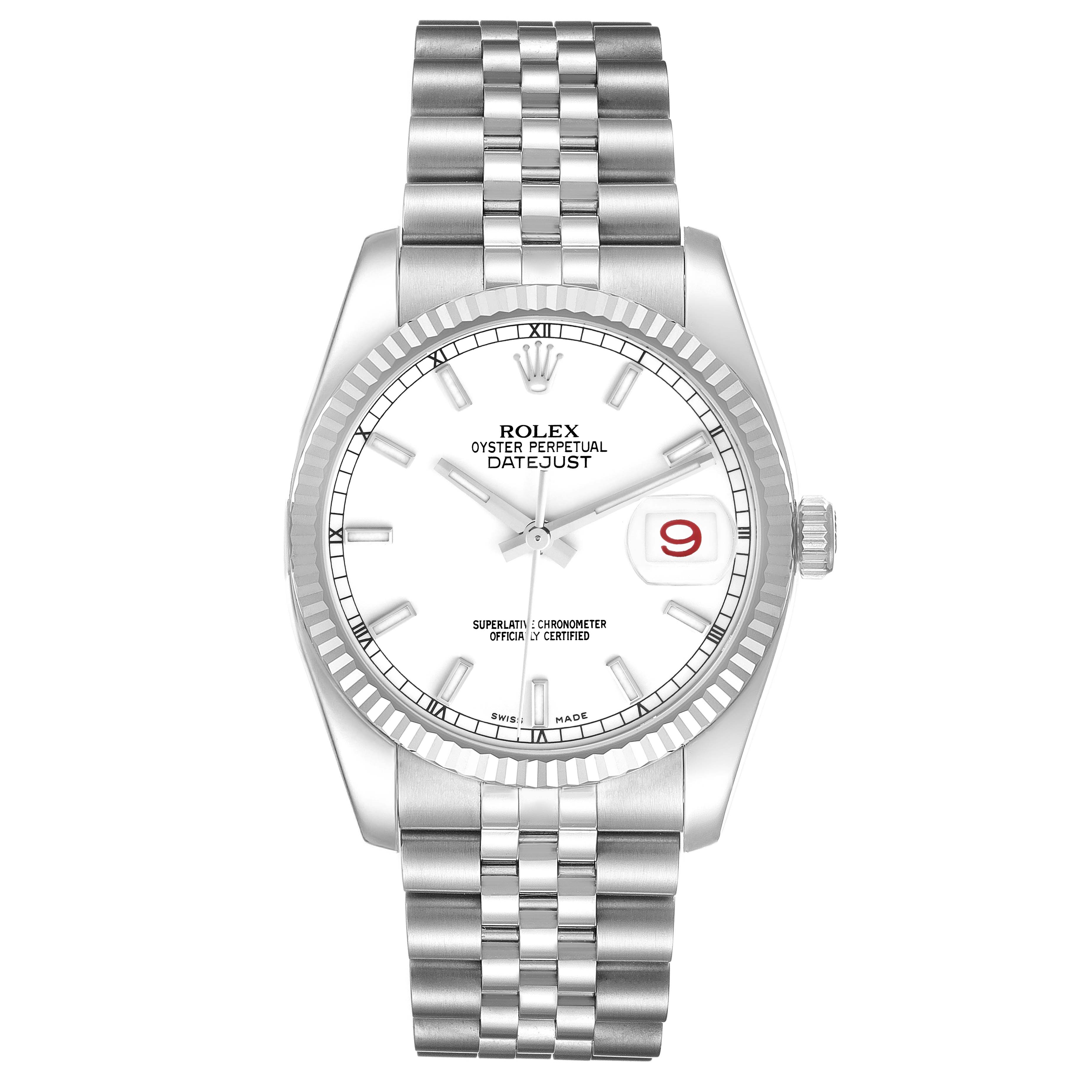 This image shows a front view of the Rolex Datejust 116234 Men's Stainless Steel White Dial 116234 Men's Stainless Steel White Dial watch, highlighting the face, bezel, and Jubilee bracelet.