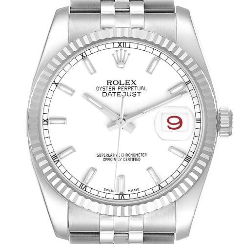 The image shows a frontal view of a Rolex Datejust watch, displaying its dial, hands, bezel, crown, and part of the bracelet.