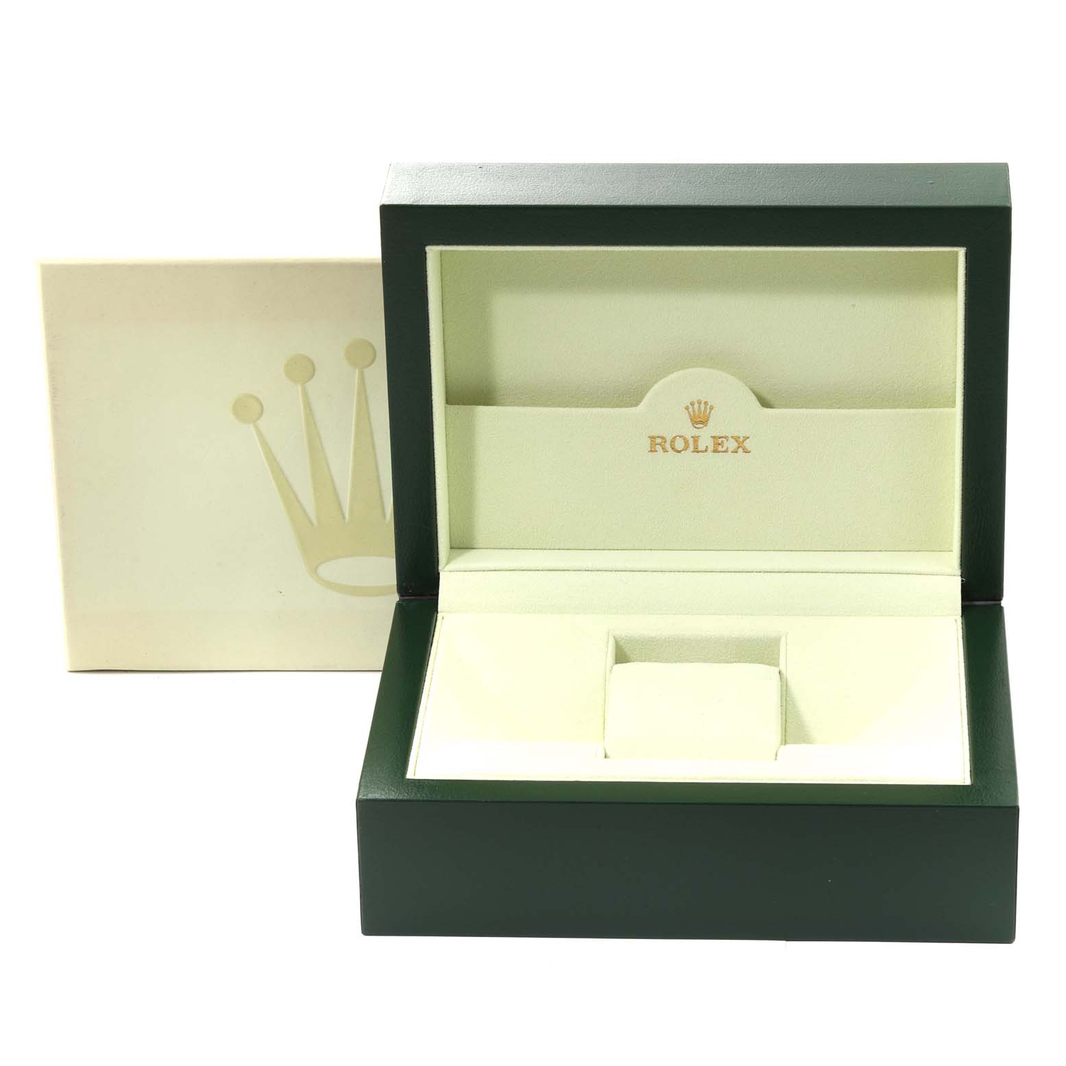 This is an open Rolex Datejust 116234 Men's Stainless Steel White Dial 116234 Men's Stainless Steel White Dial watch box, showing the interior and exterior packaging.