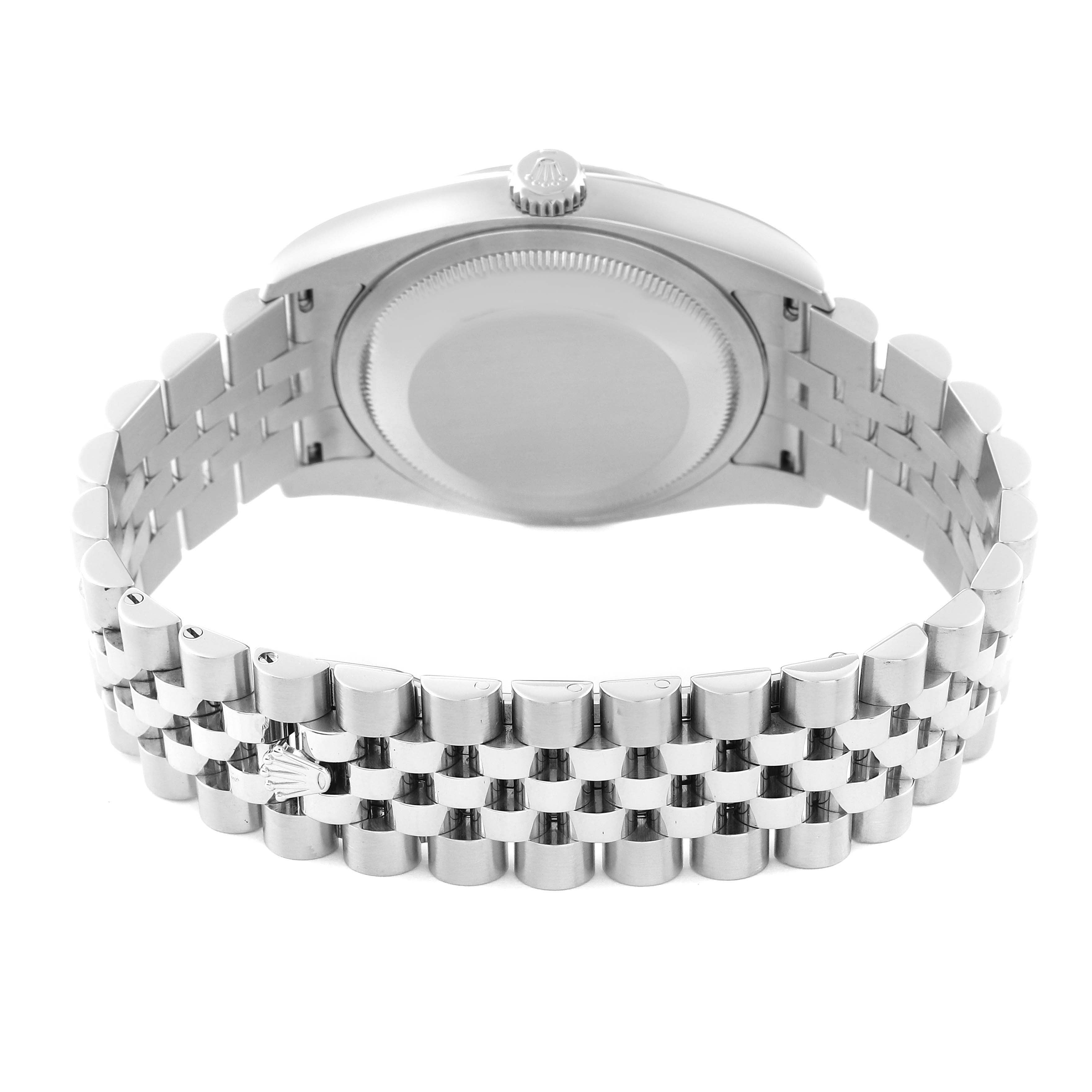 The image shows the back view of a Rolex Datejust 116234 Men's Stainless Steel White Dial 116234 Men's Stainless Steel White Dial watch, highlighting its case back and stainless steel bracelet.