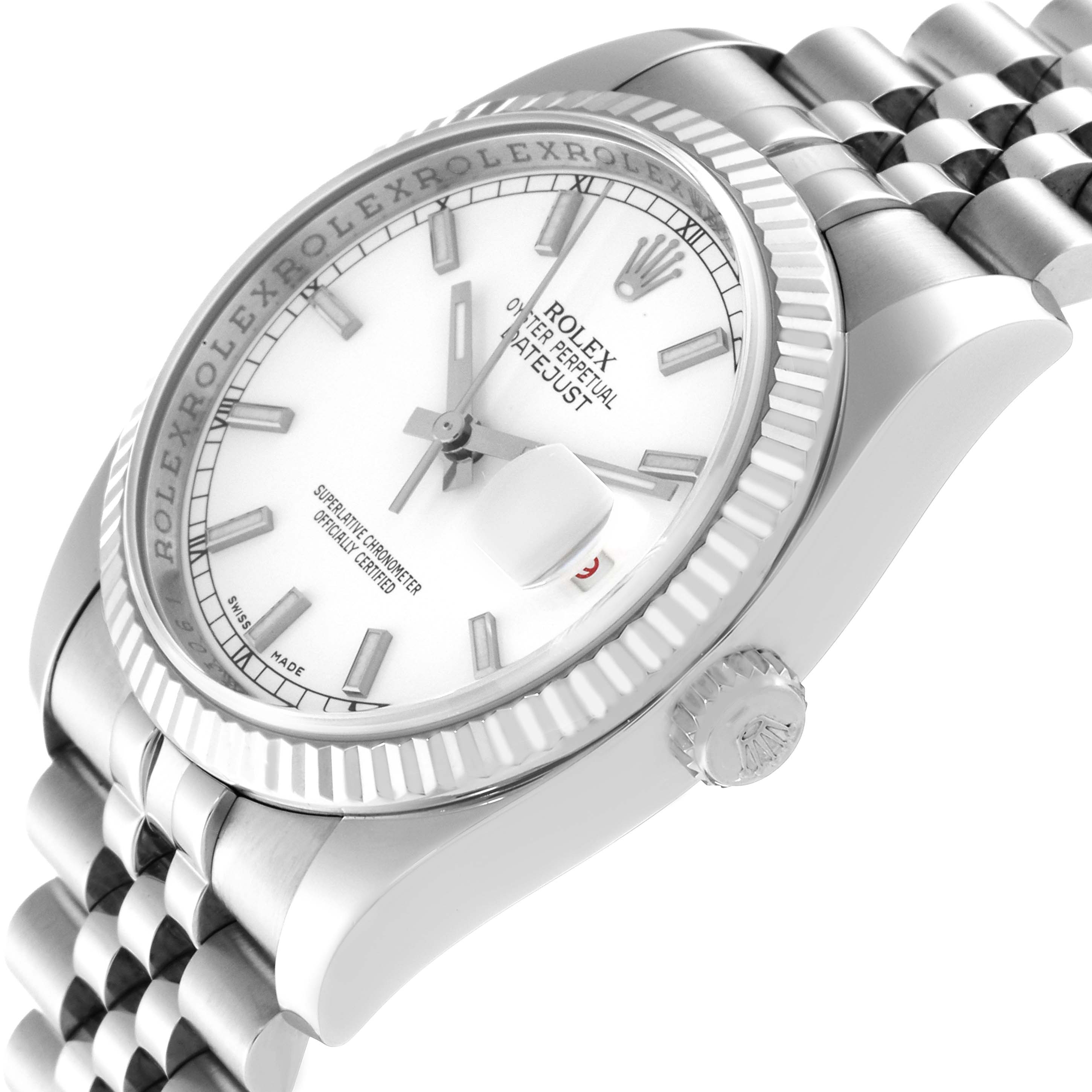 The image shows a close-up side angle of a Rolex Datejust 116234 Men's Stainless Steel White Dial 116234 Men's Stainless Steel White Dial watch, highlighting the dial, bezel, and crown.