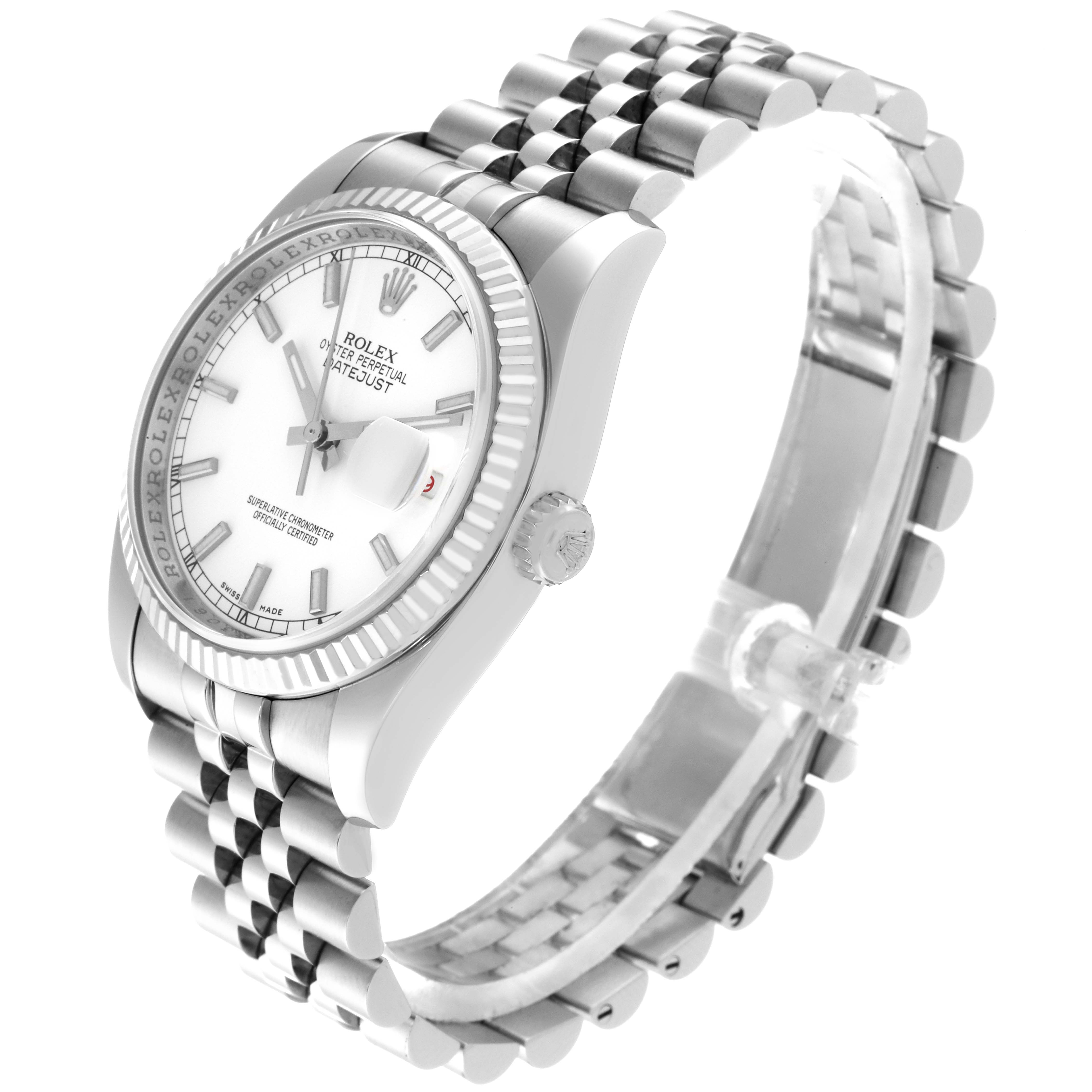 The Rolex Datejust 116234 Men's Stainless Steel White Dial 116234 Men's Stainless Steel White Dial watch is displayed at a three-quarter angle, showing its face, bezel, crown, and Jubilee bracelet.
