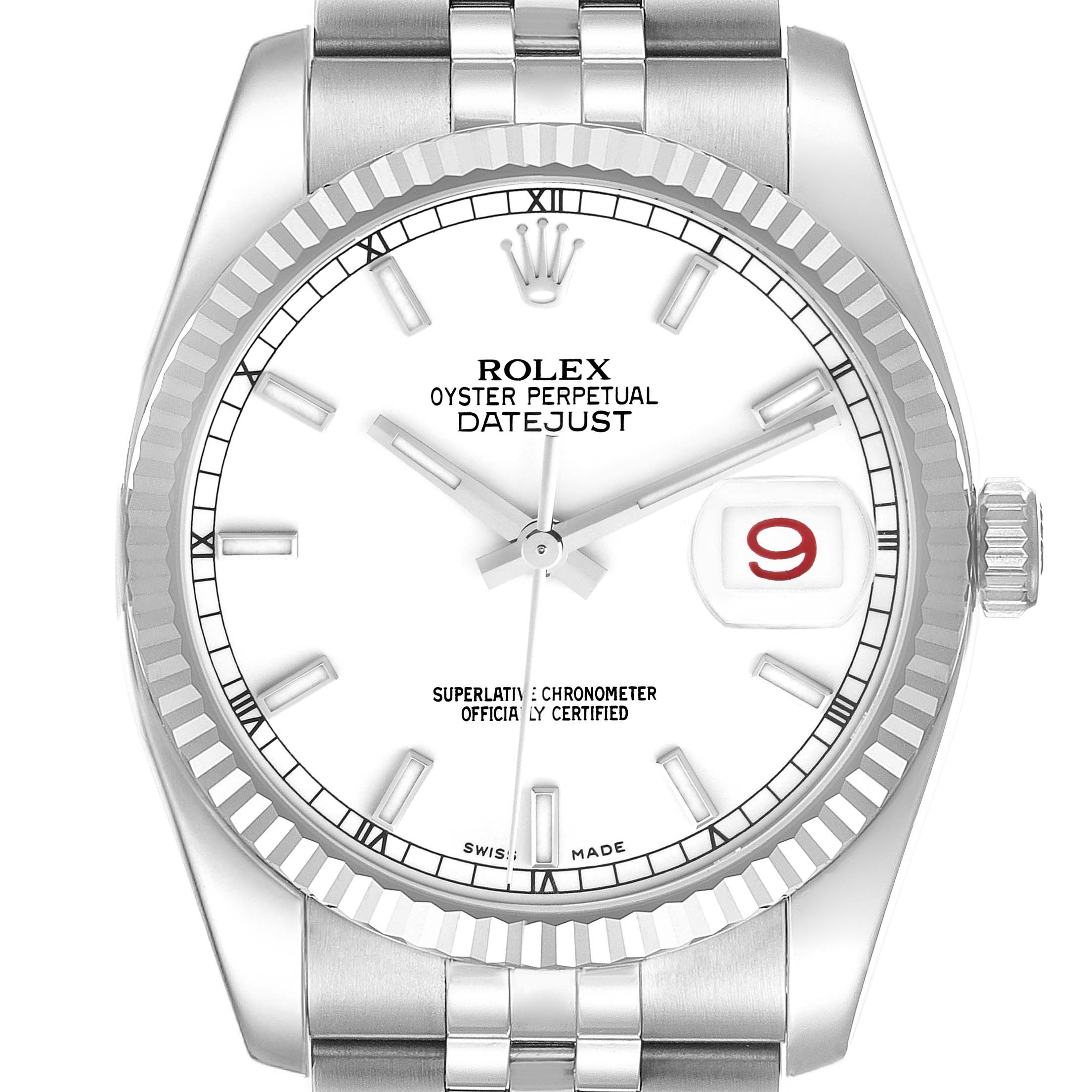 This image shows a front view of a Rolex Datejust 116234 Men's Stainless Steel White Dial 116234 Men's Stainless Steel White Dial watch, highlighting the dial, bezel, and bracelet.
