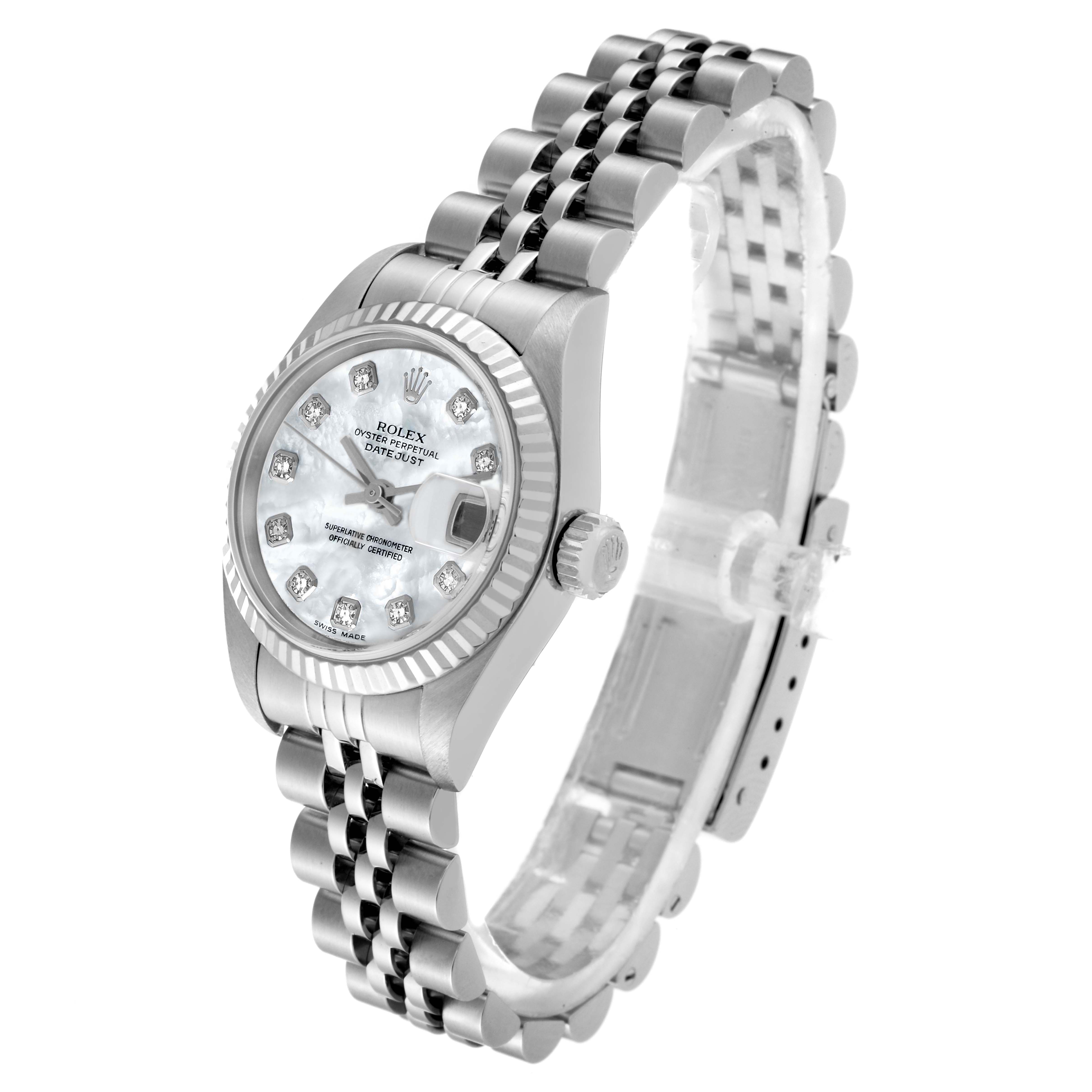 The Rolex Datejust 79174 Women's Stainless Steel Mother of Pearl Dial 79174 Women's Stainless Steel Mother of Pearl Dial watch is shown at an angled side view, highlighting the face, bezel, crown, and part of the bracelet.