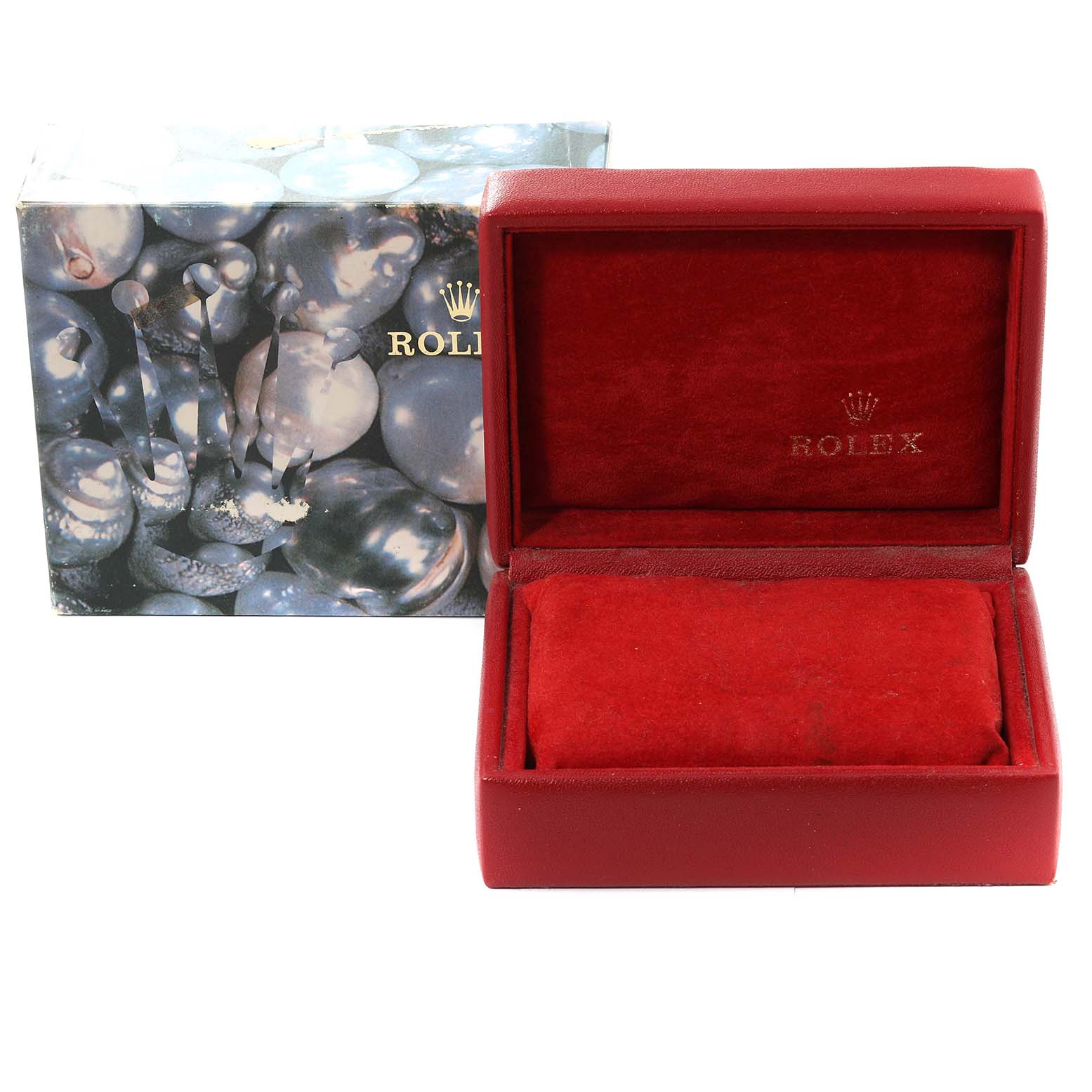 The image shows the open red watch box and outer packaging for the Rolex Datejust 79174 Women's Stainless Steel Mother of Pearl Dial 79174 Women's Stainless Steel Mother of Pearl Dial model.